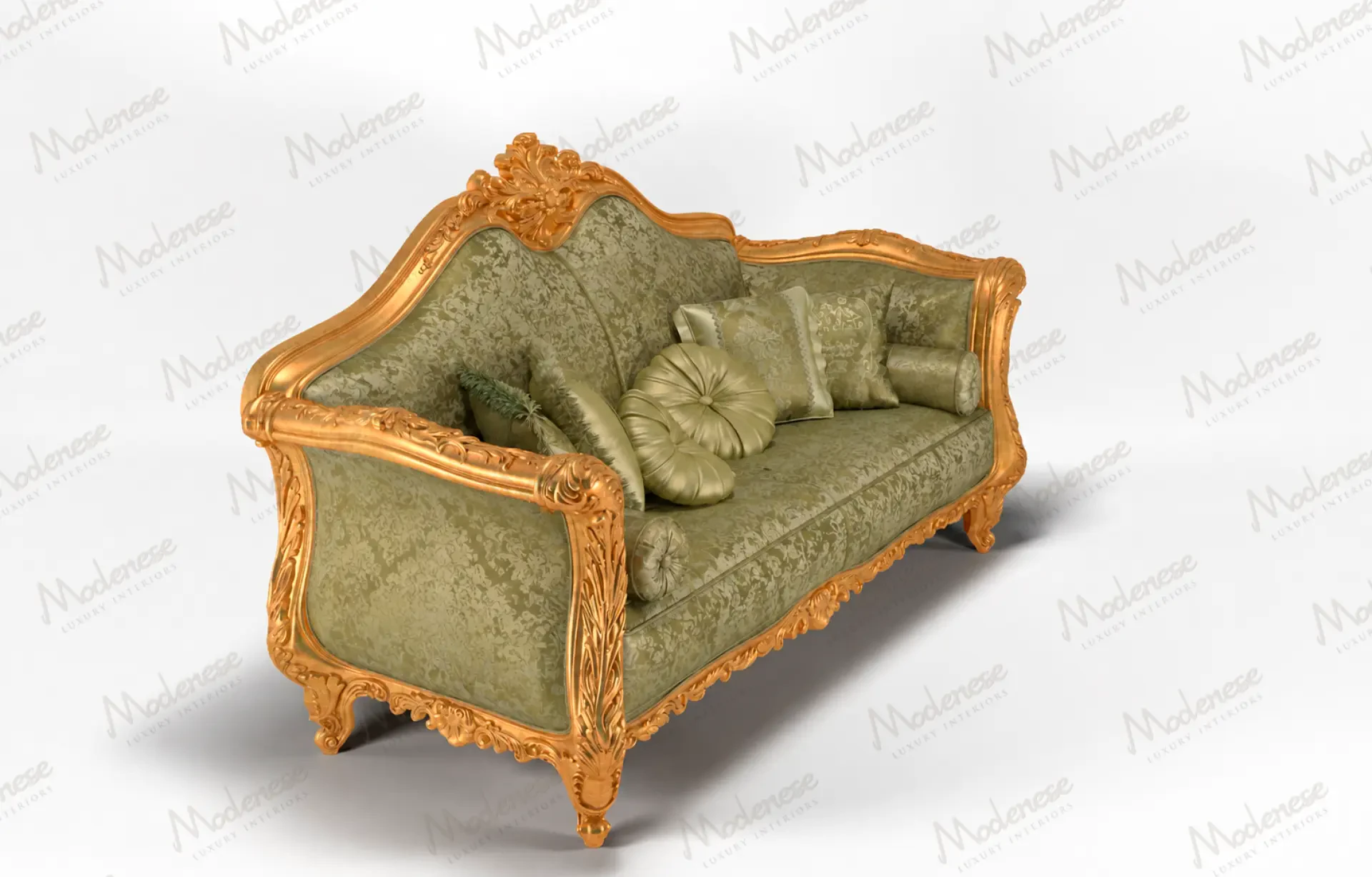 Luxury Green two-seat sofa featuring sumptuous upholstery, ornate handcrafted details and a gracefully shaped classical silhouette