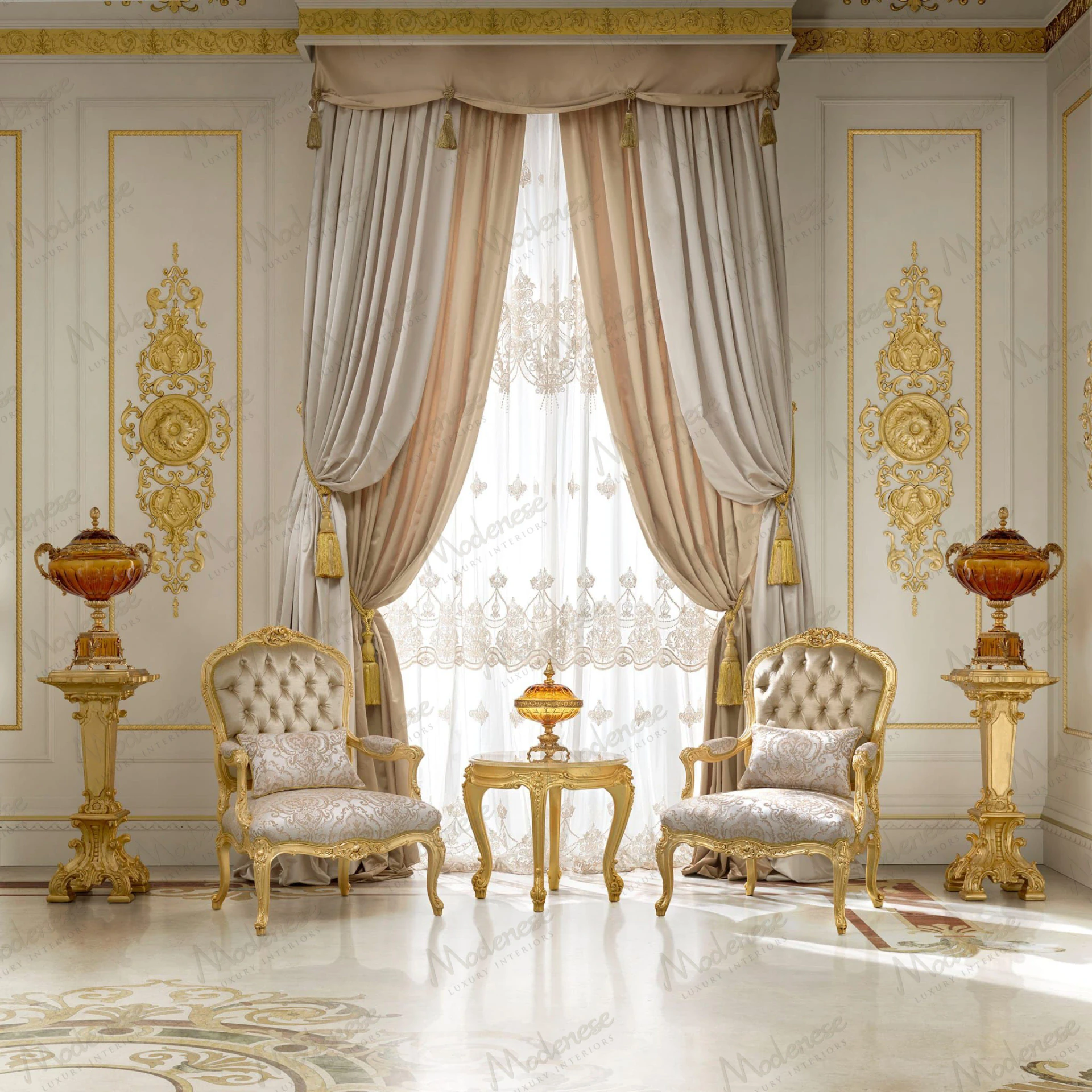 Classic Italian seating featuring decorative wooden craftsmanship and luxurious textile upholstery.