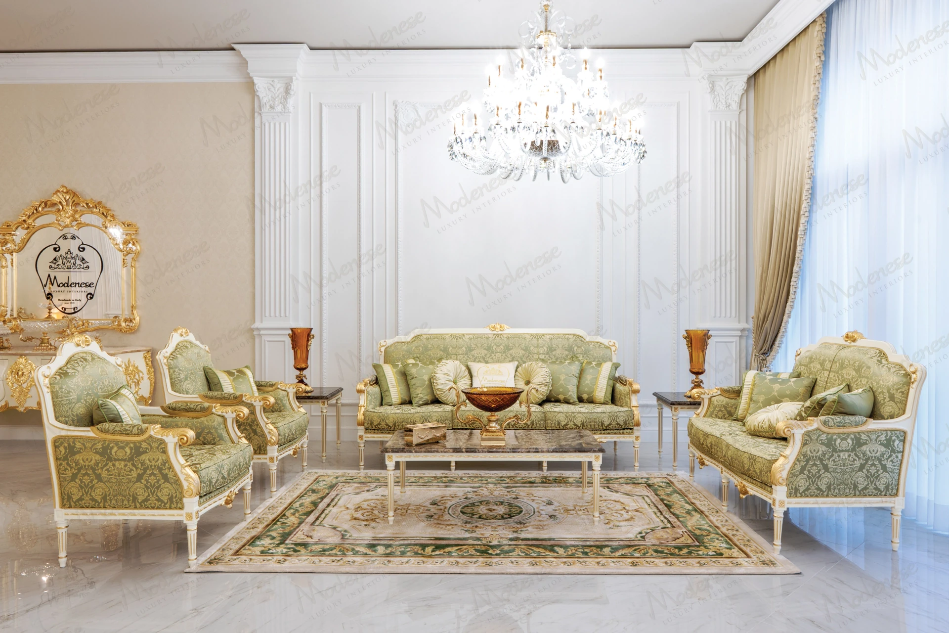 Italian artisan armchair designed for refined classic living environments.