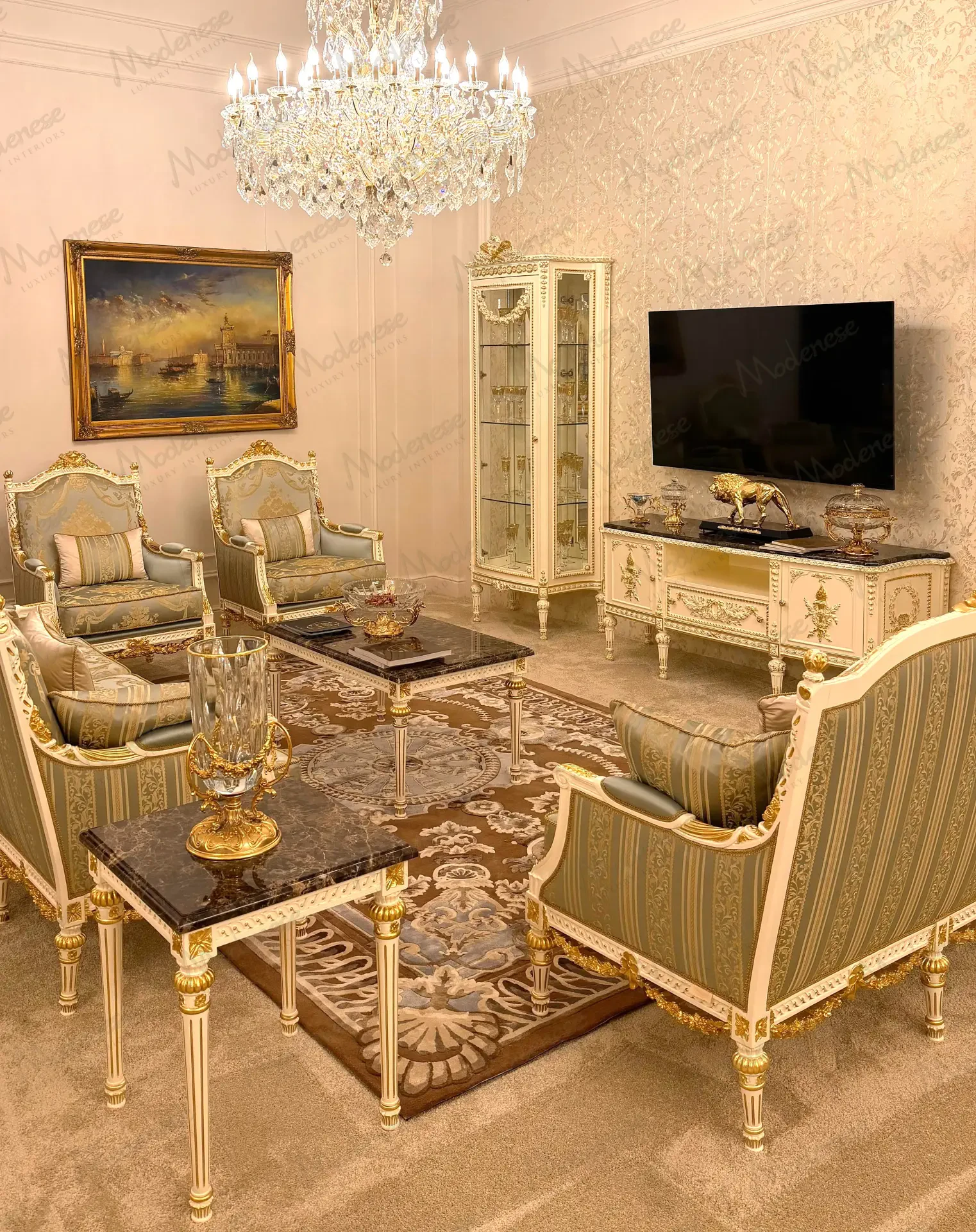 Elegant Italian TV cabinet with carved details