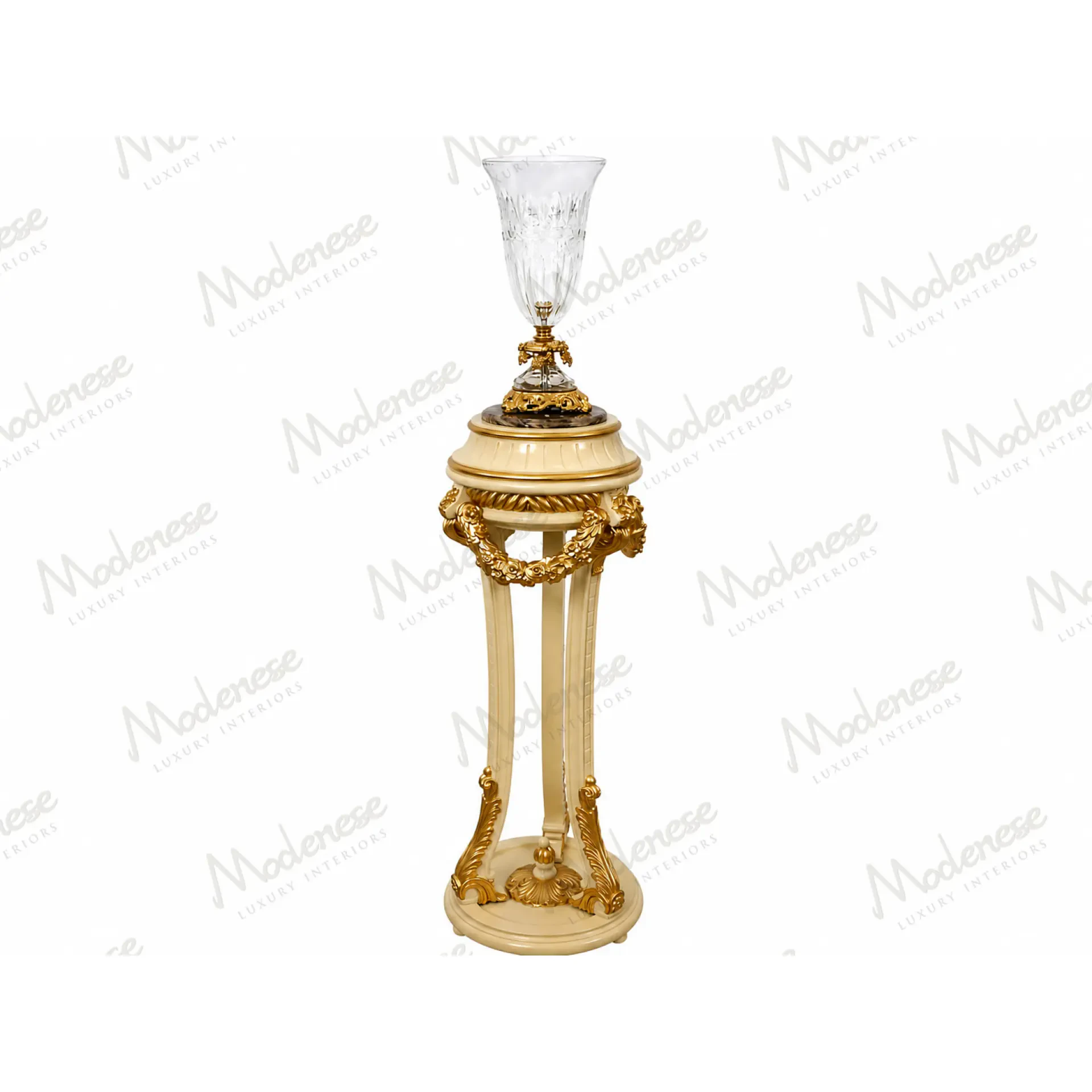 Elegant gold vase stand with fluted classical columns