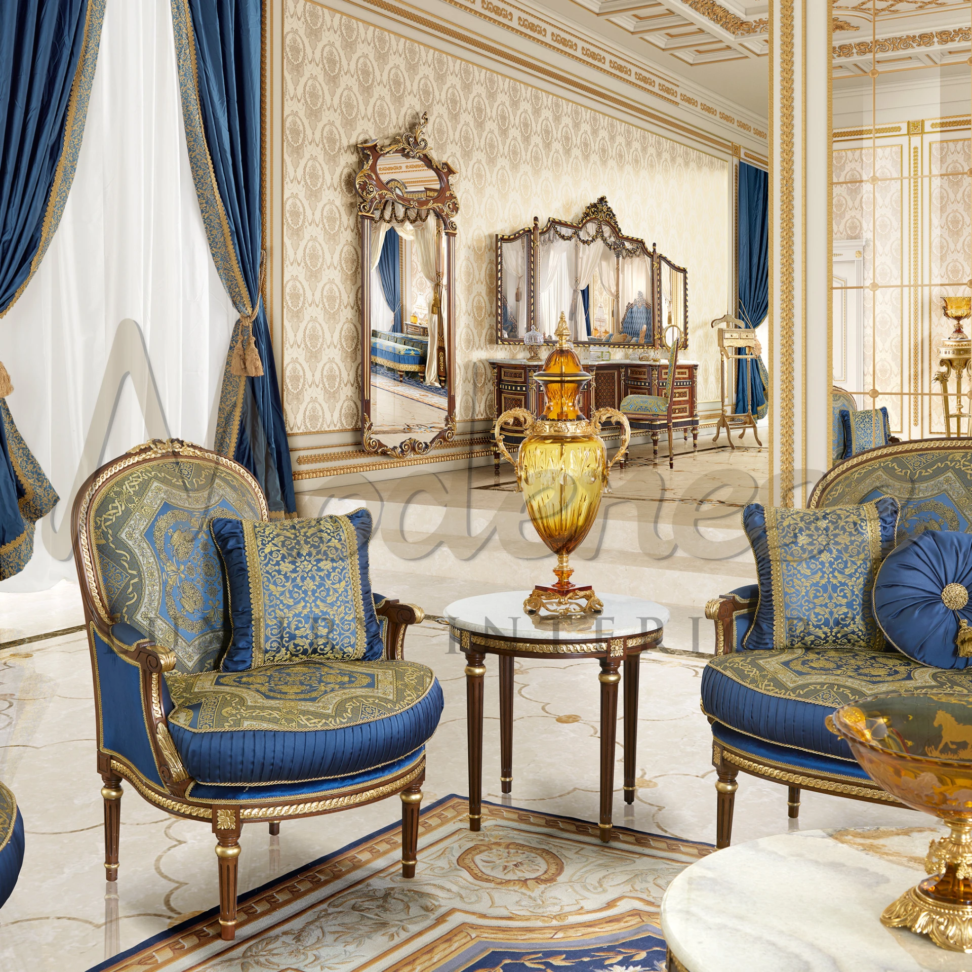 Classic interiors enhanced by the Capuccino Onyx Round Side Table, showcasing solid wood structure and exquisite gold leaf accents.
