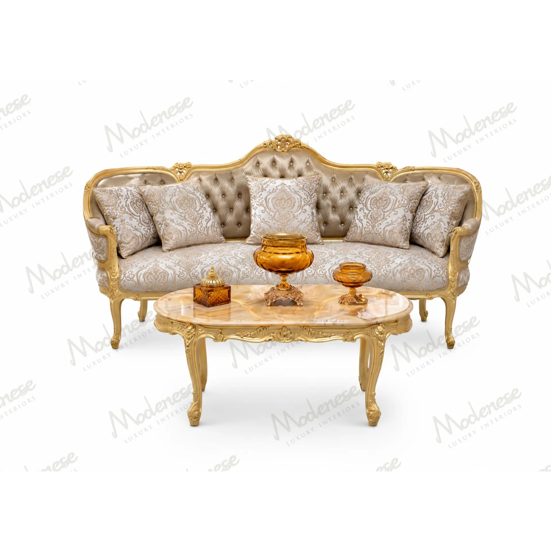 Versailles luxury classic three-seater sofa with a deep button-tufted backrest and finely carved decorative frame