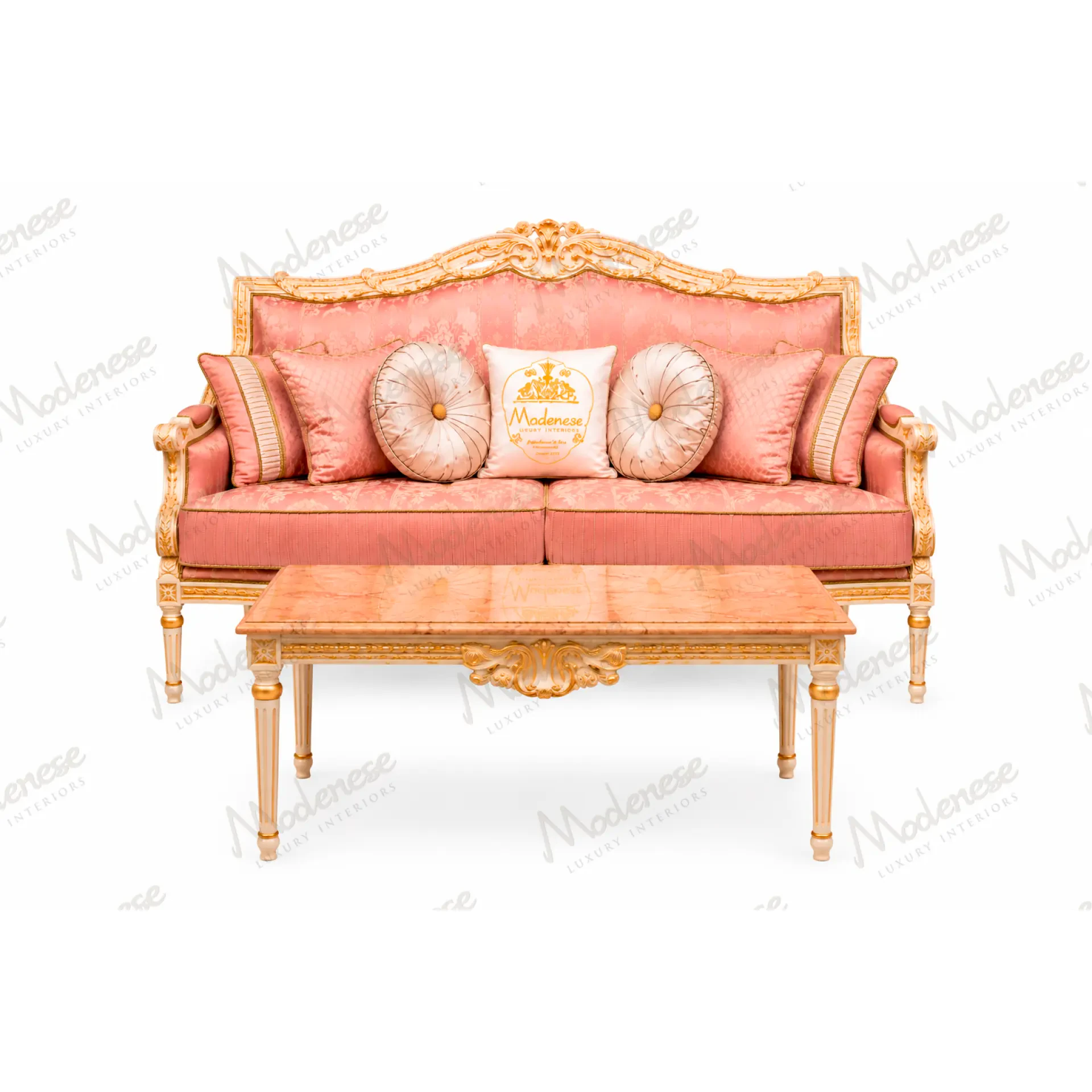 Majesty Two-Seater Sofa featuring an intricately carved frame, tailored upholstery and elegant cushions from the OPERA Collection