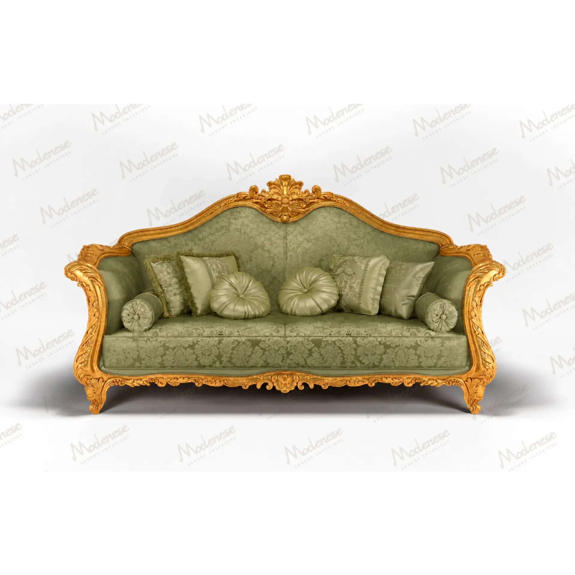 Luxury Green classic two-seater sofa with an elaborately carved frame, sculpted backrest and coordinated decorative cushions