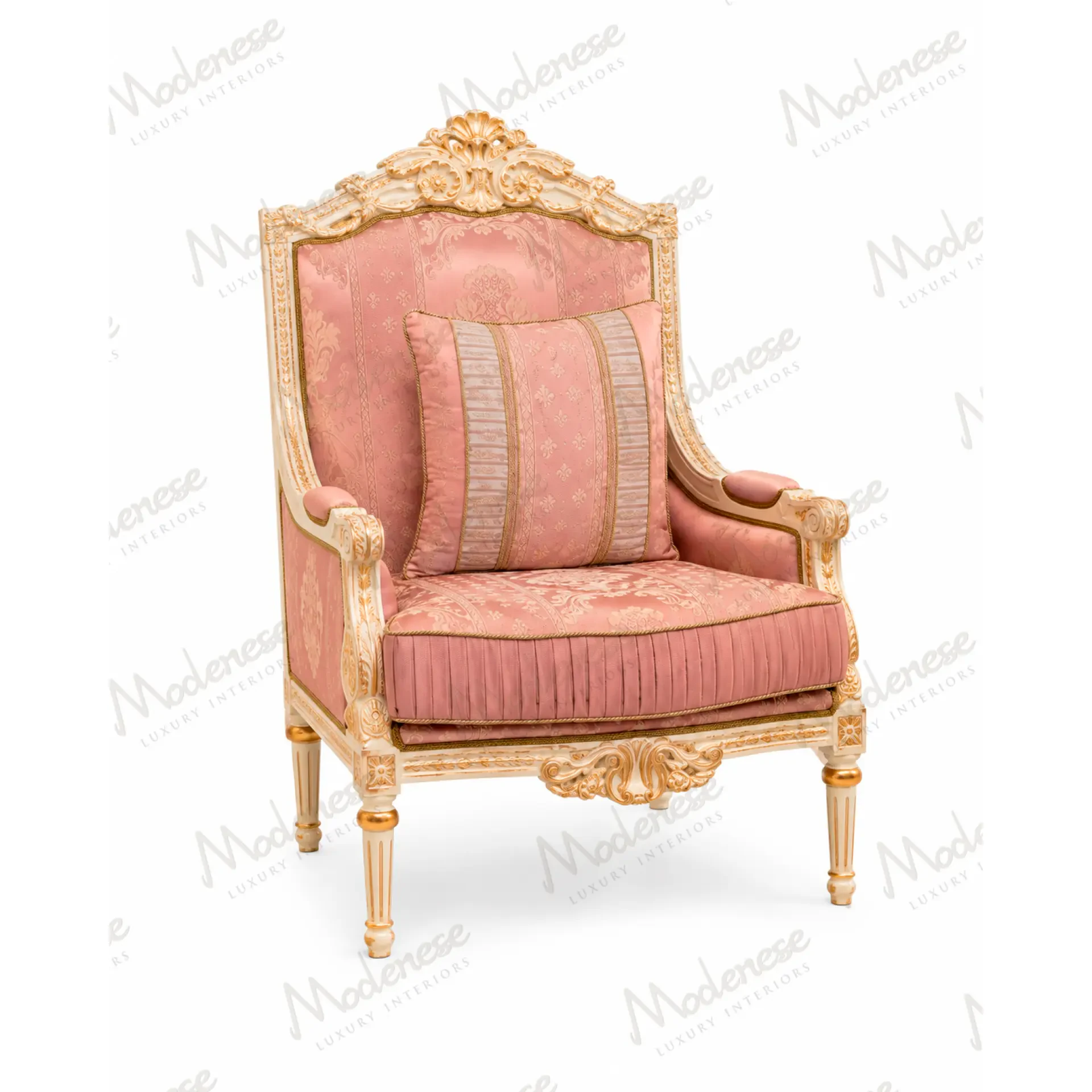 Luxury classic Italian armchair with carved wooden frame and elegant upholstered seat from the OPERA Collection.