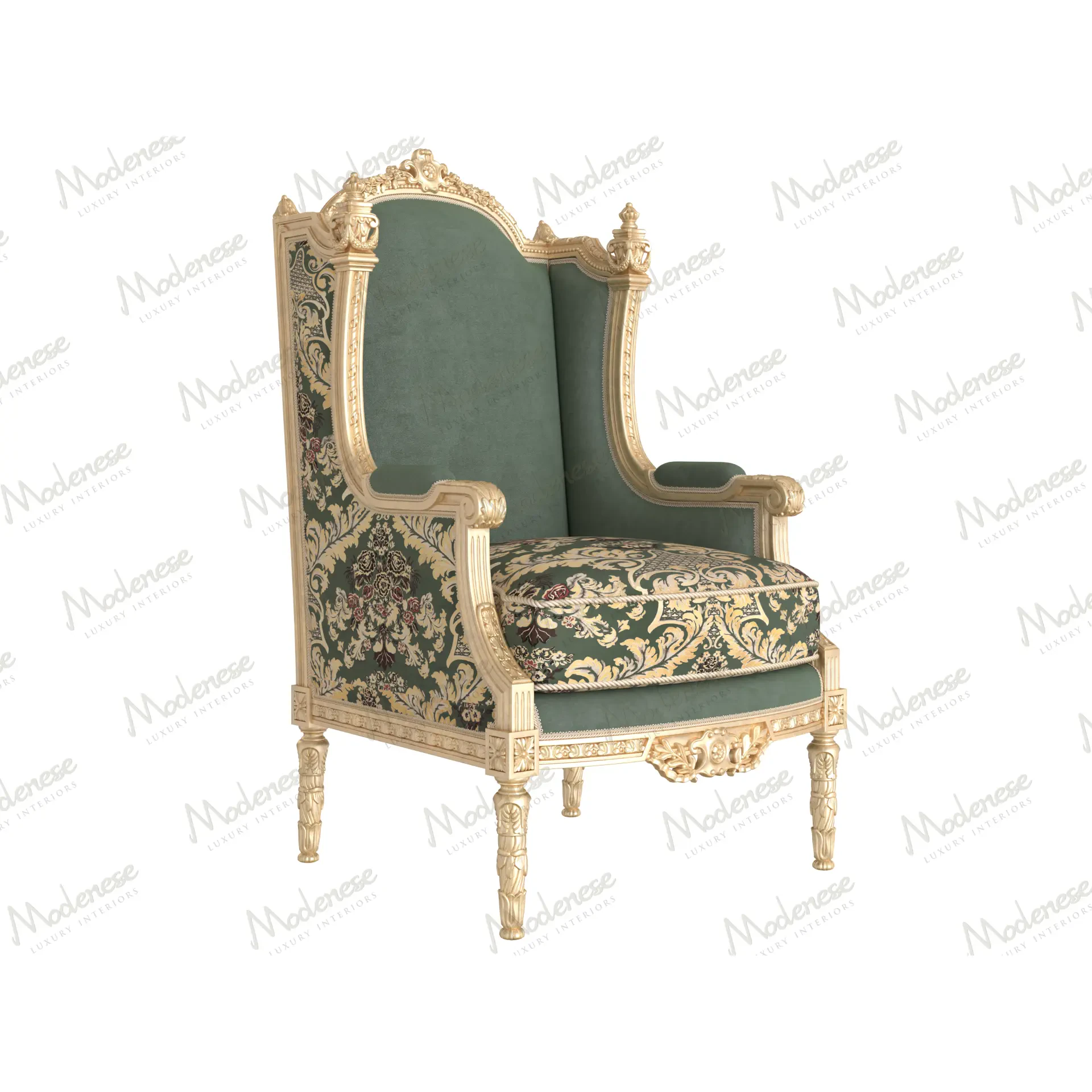 Luxury imperial armchair with richly carved wooden frame and elegant upholstered seating.