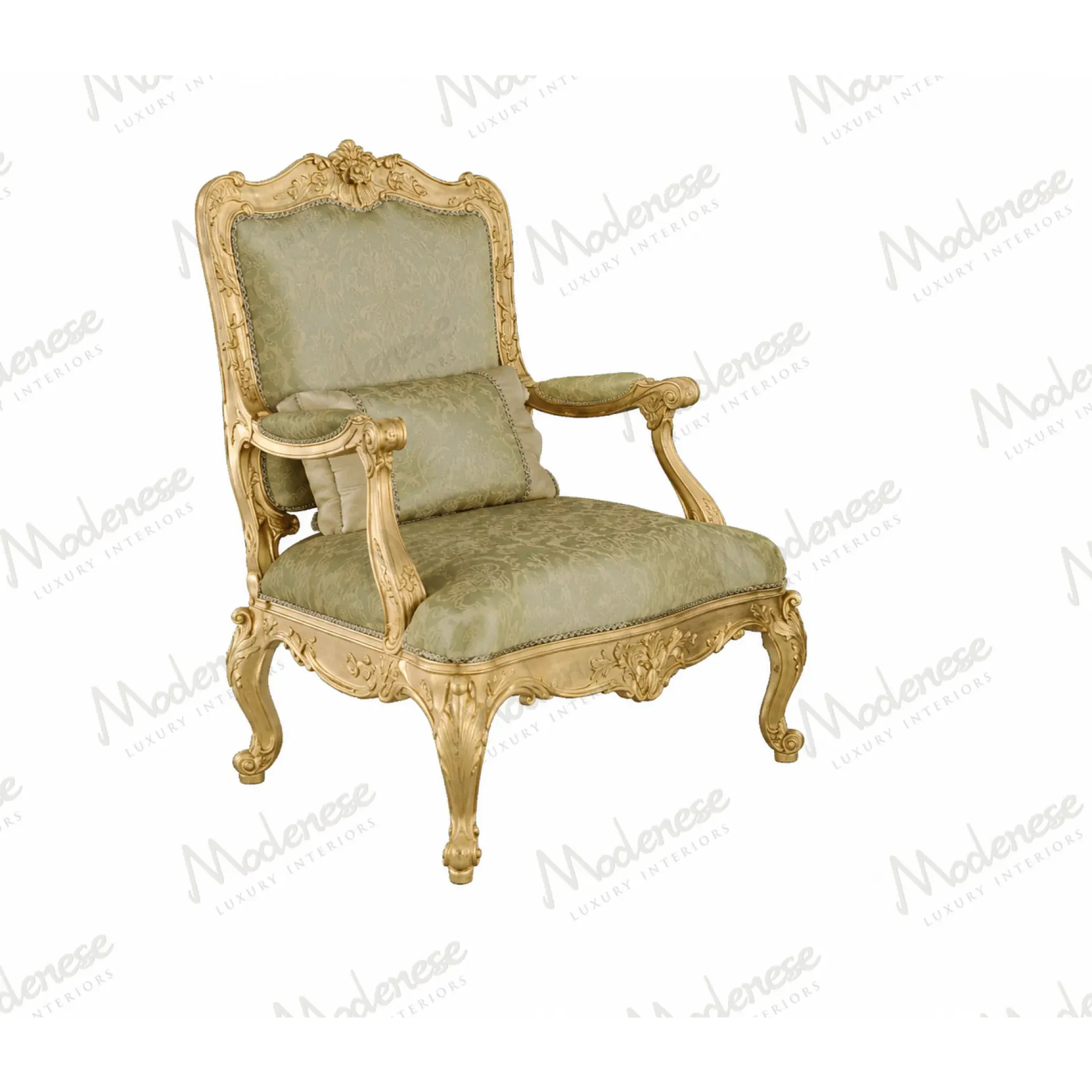Elegant handcrafted armchair with sculpted wooden frame and sophisticated upholstery.