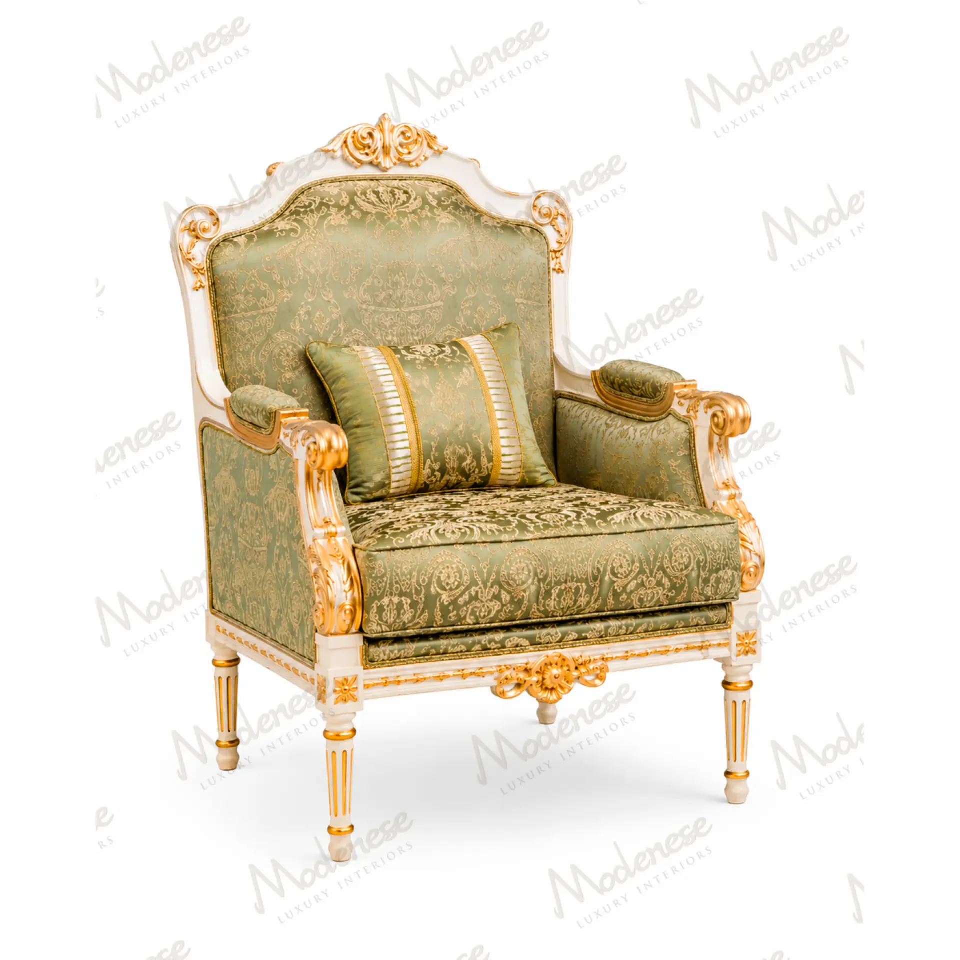 Grand Palais armchair handcrafted with decorative carved wood and elegant upholstery.
