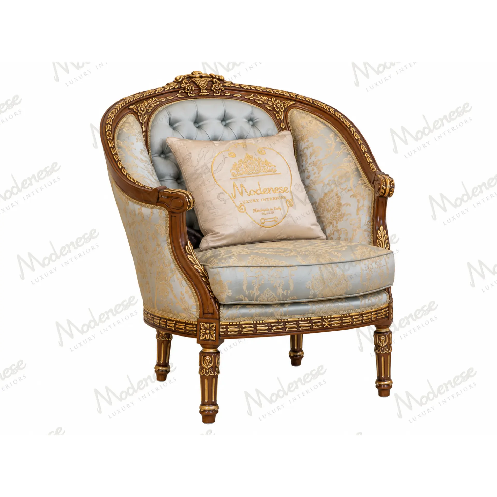 Luxury classic armchair with rounded silhouette and elegant Italian carved wood craftsmanship.