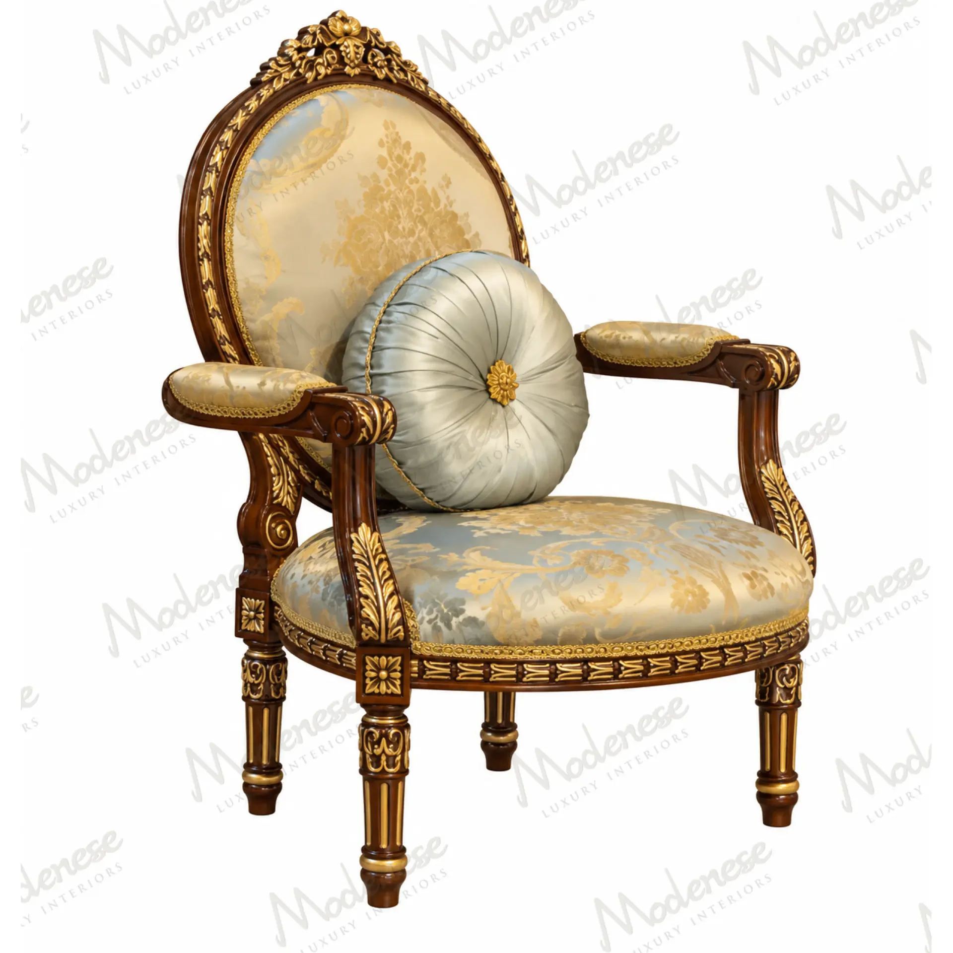 Luxury classic Italian armchair with elegant carved wood frame and refined upholstered seat.