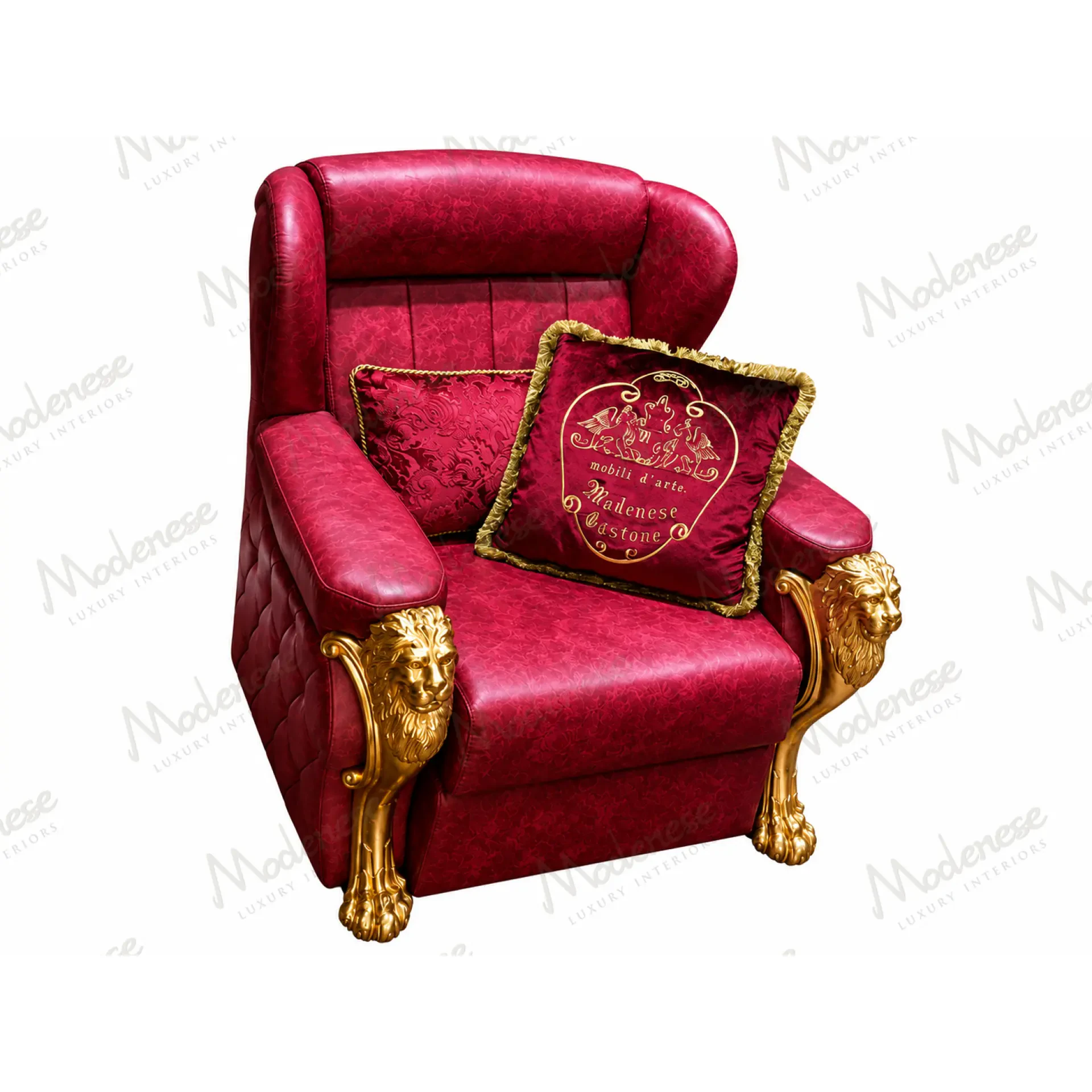 Luxury home cinema armchair with handcrafted carved wooden arms and premium upholstered seating.