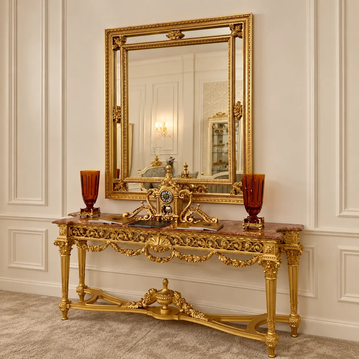 Classic Italian console with sculptural gold supports