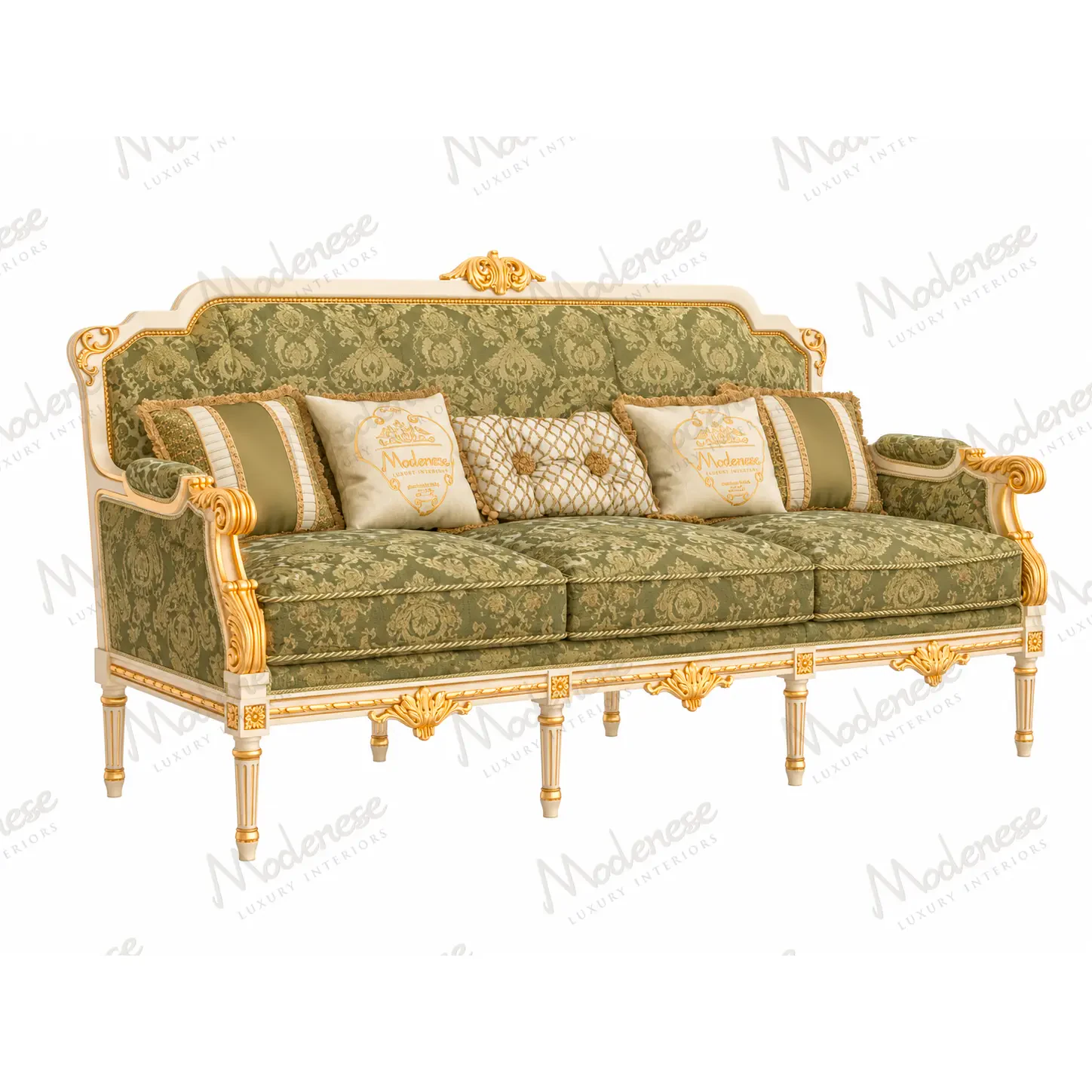 Discover the Grand Palais Three-Seater Sofa, a luxury classic design featuring ornate carvings, refined upholstery and Italian craftsmanship.