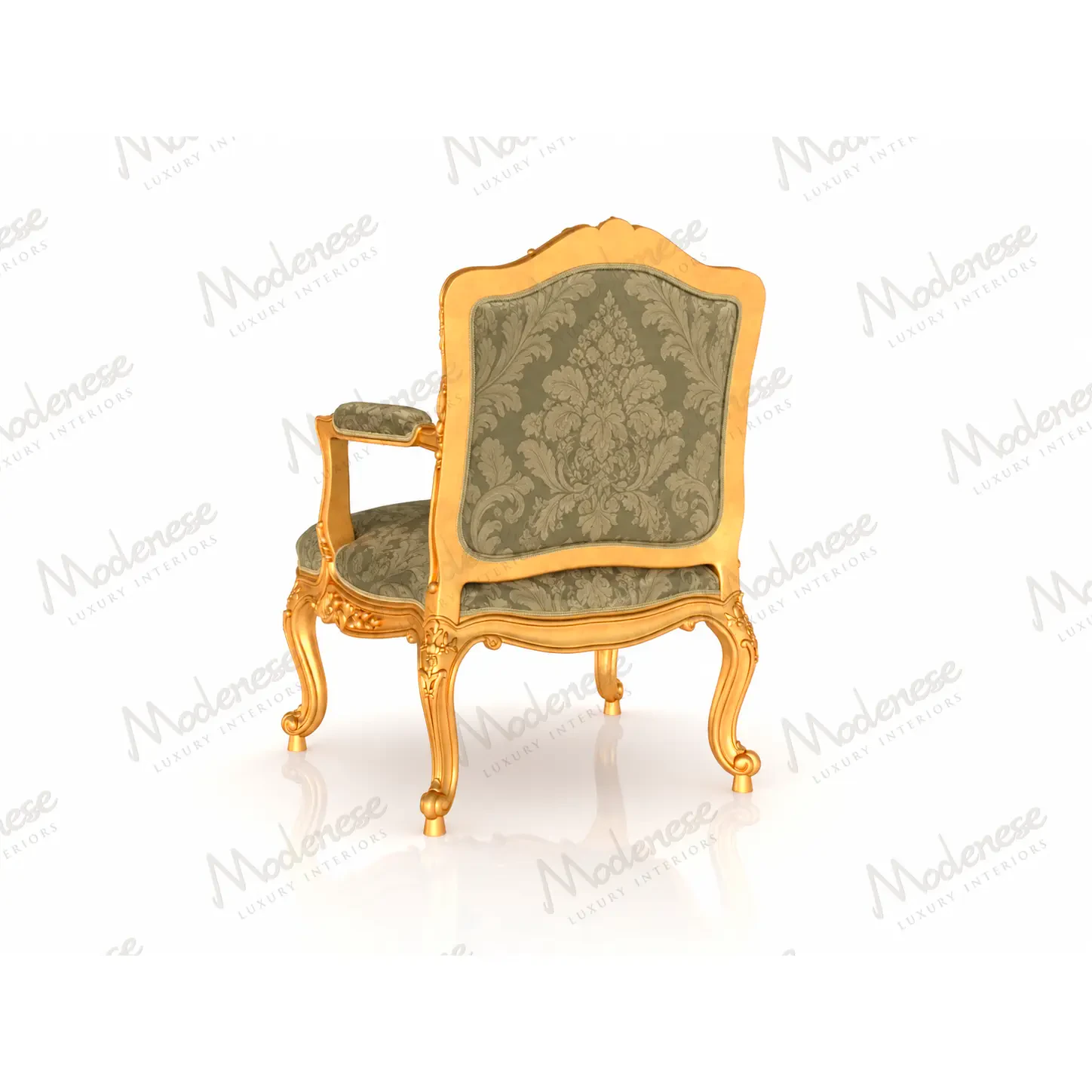 Elegant handcrafted armchair with sculpted wooden frame and sophisticated upholstery.