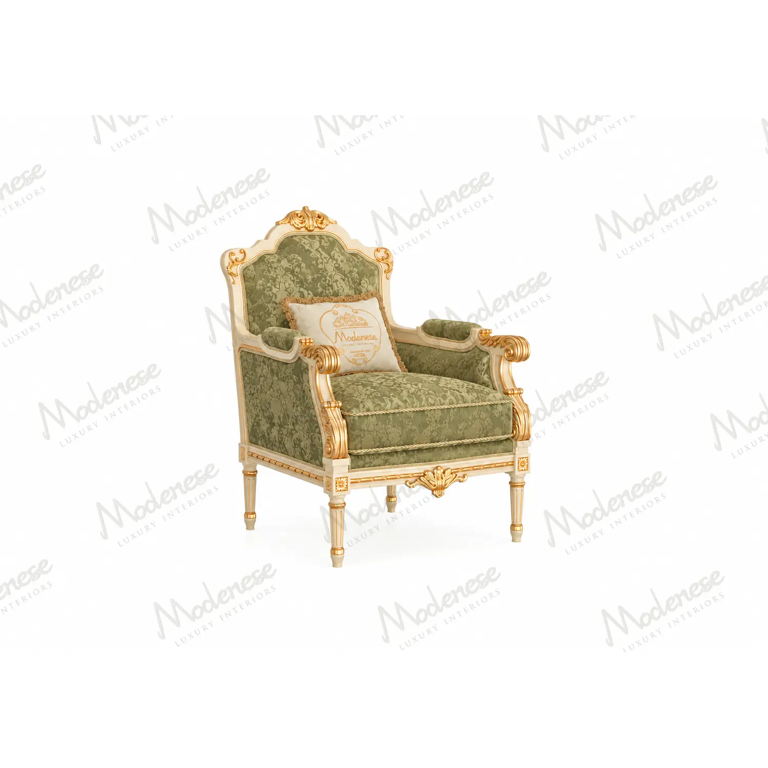 Grand Palais armchair handcrafted with decorative carved wood and elegant upholstery.