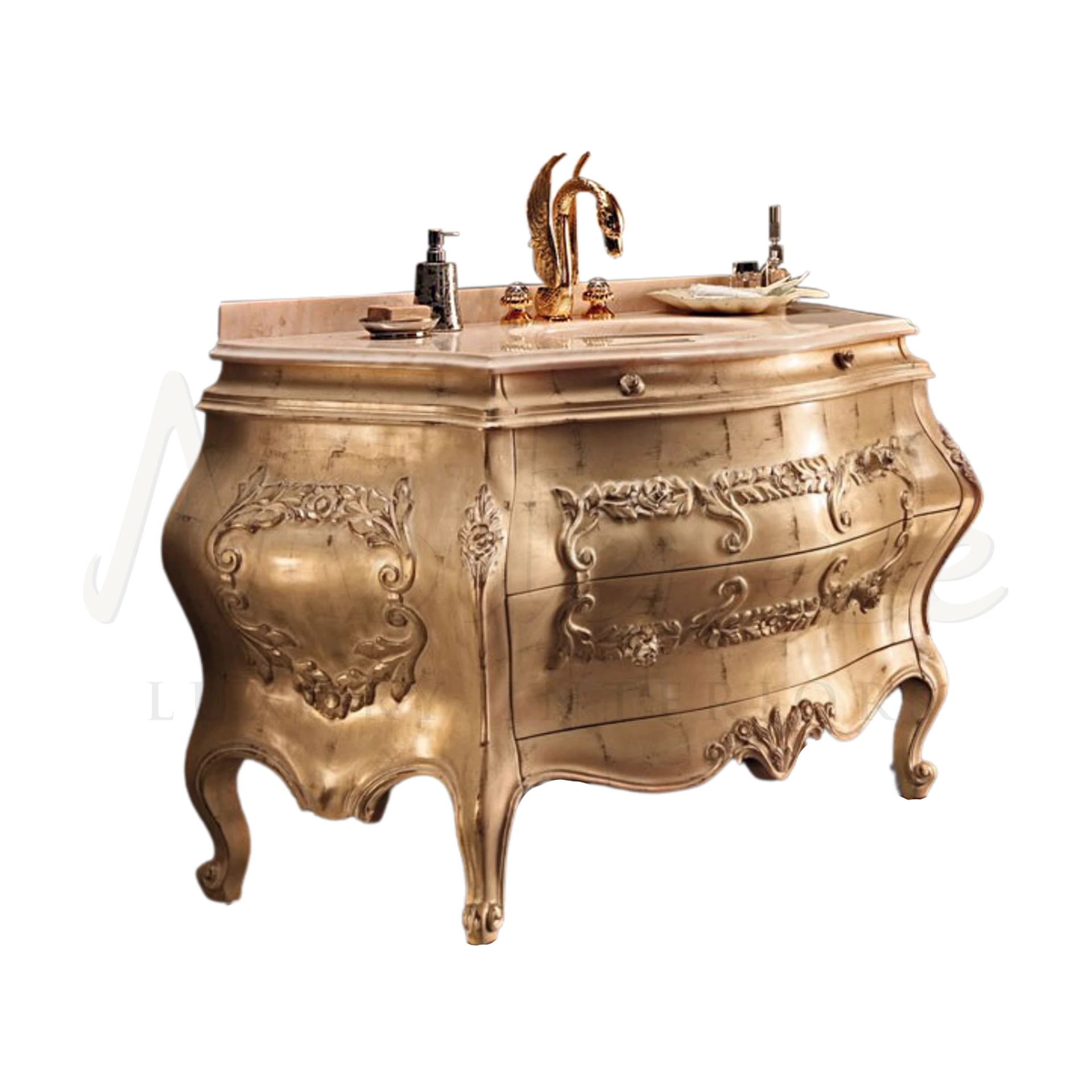 Full gold leaf decorative single bathroom sink cabinet with marble top