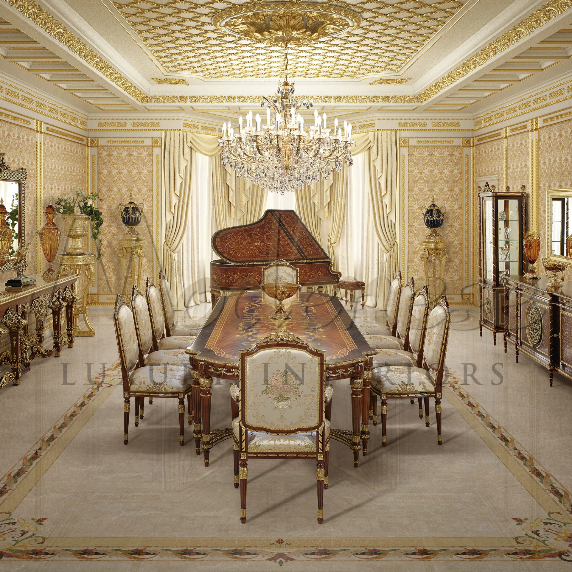 Accommodates 10, intricate inlays, adorned with golden motifs. A subtle touch of nobility for a grand statement in any room.
