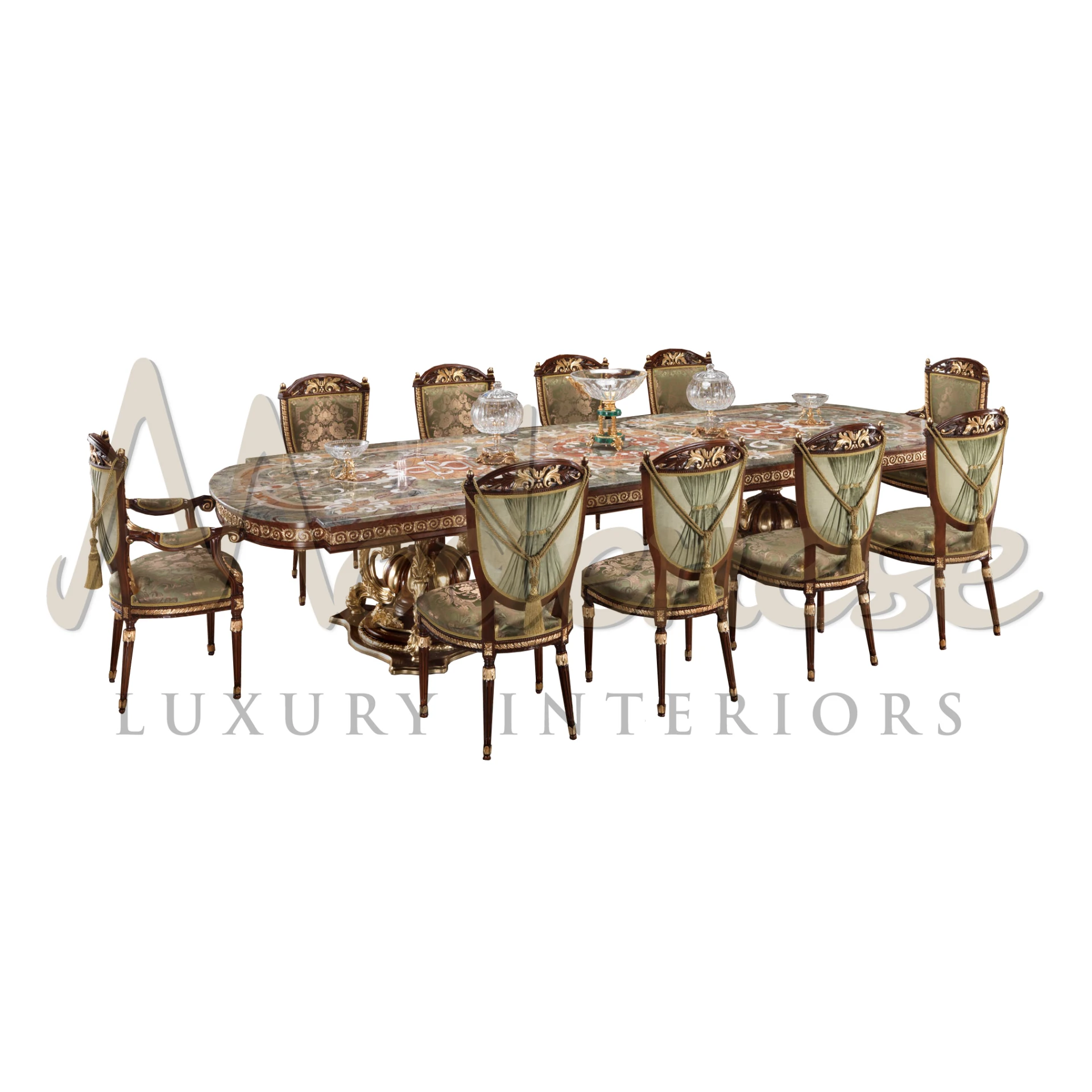 Enjoy your dining experience with our inlaid marble top dining table, a masterpiece in luxury and design. Specially crafted for 10 seats, it's a statement piece for refined tastes.
