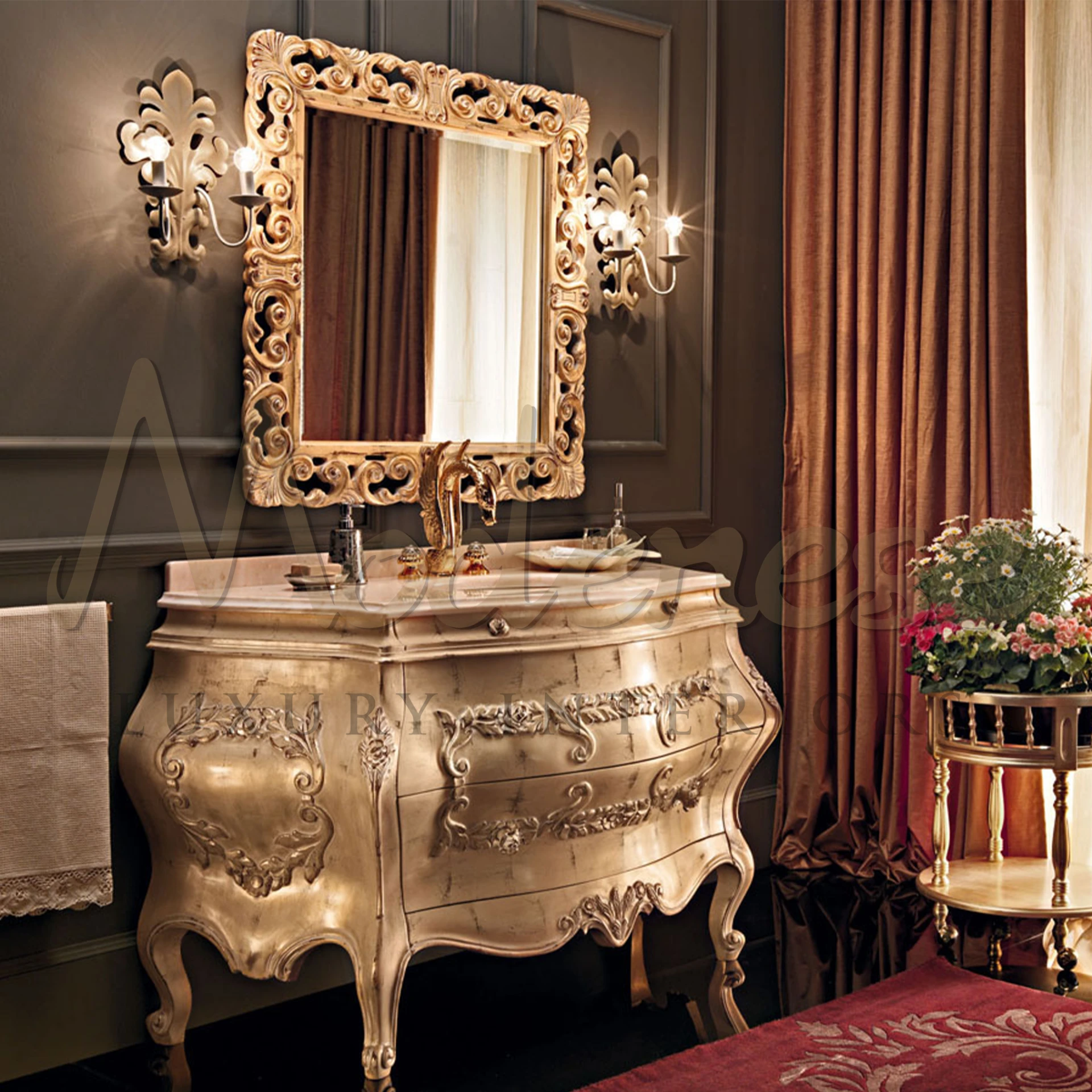 Bathroom interios design idea with handmade 24k gold leaf bathroom sink cabinet