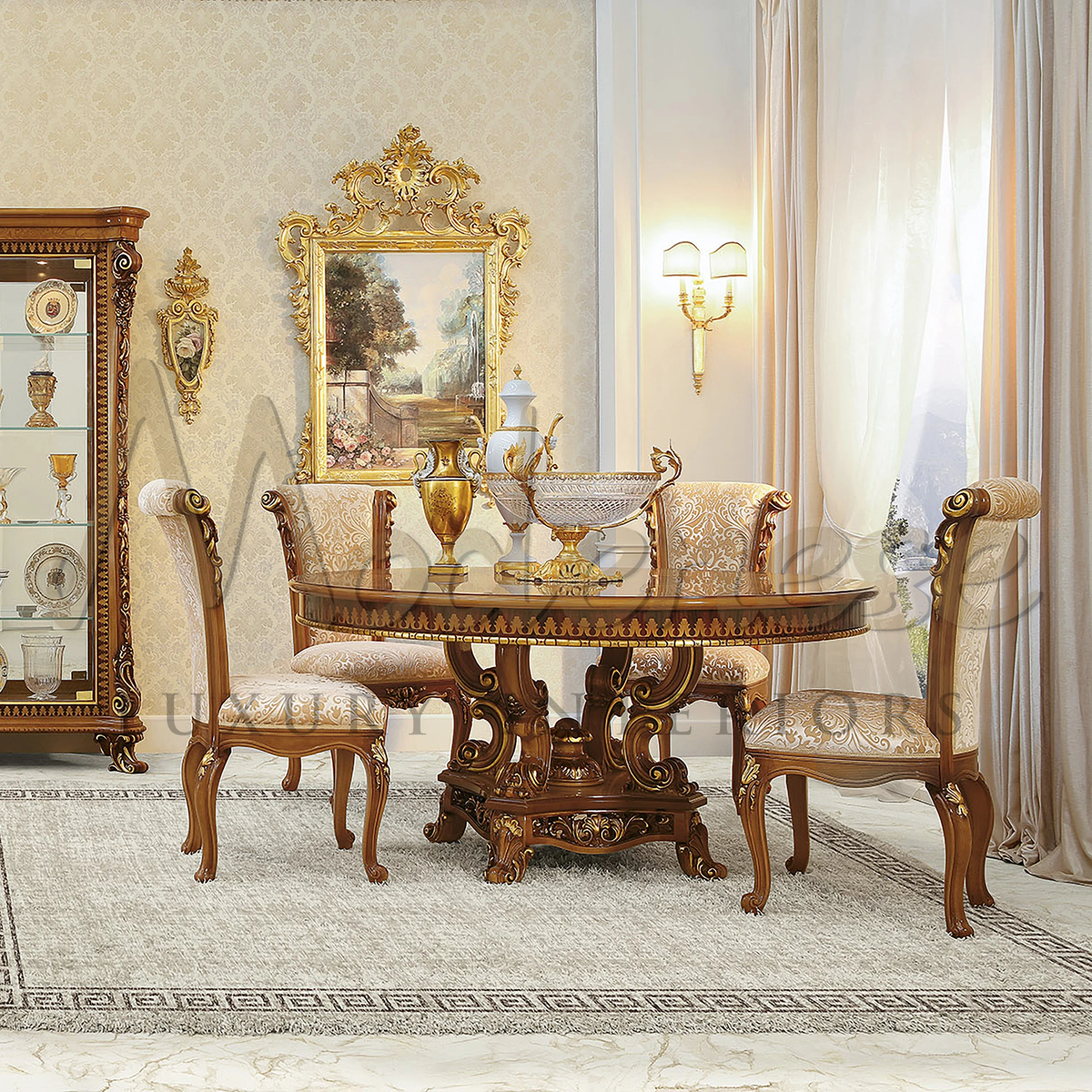 Explore the elegance of Modenese Furniture's marquetry round table, crafted with luxury in mind and reflecting classic Italian design.