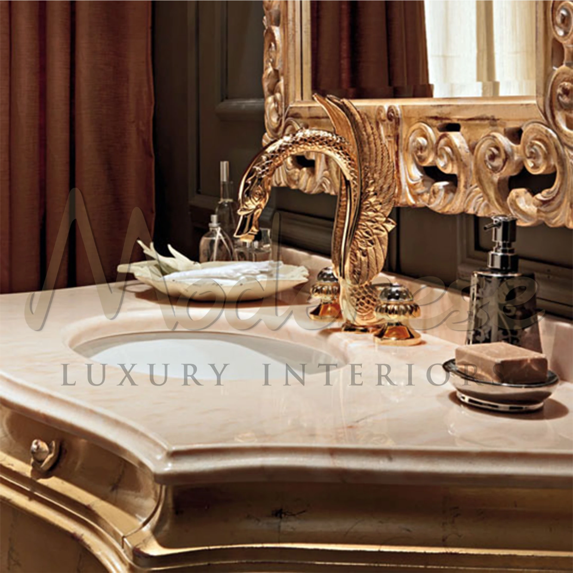 Dragon shape sink faucet gold classical bathroom cabinet