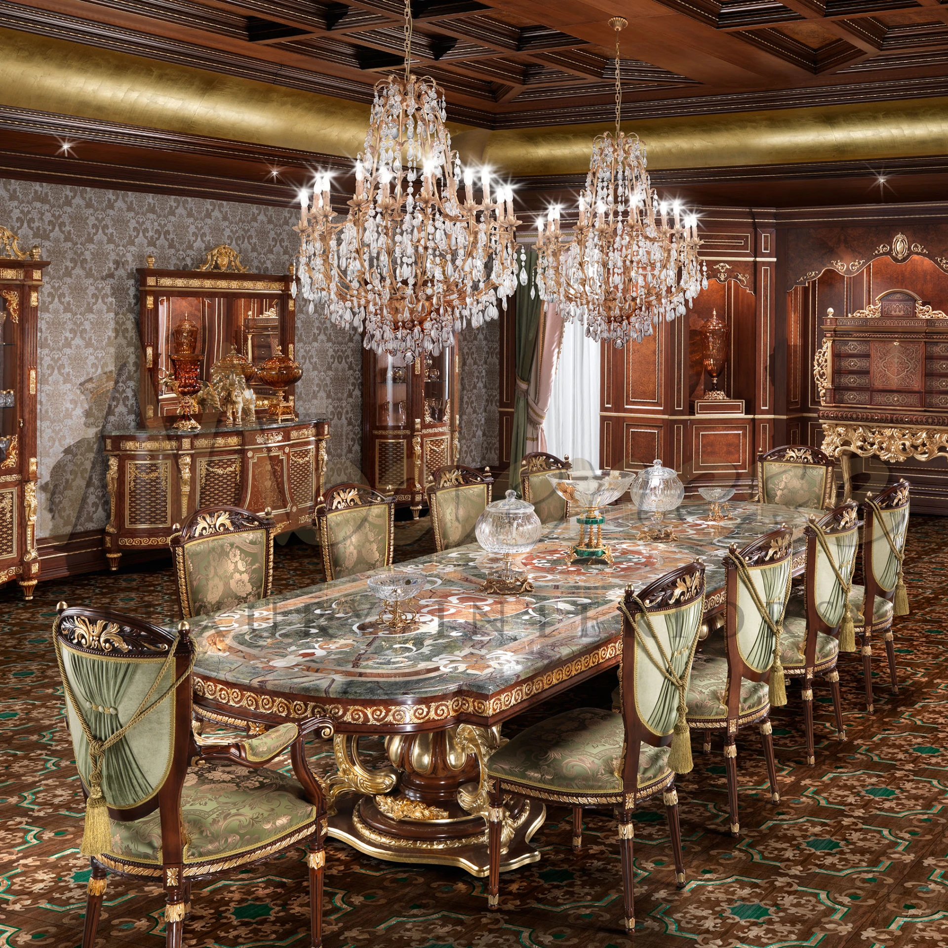Modenese Furniture's empire side dining table: wood frame with gold leaf details, premium green floral upholstery, and a stunning fabric decoration on the backrest.