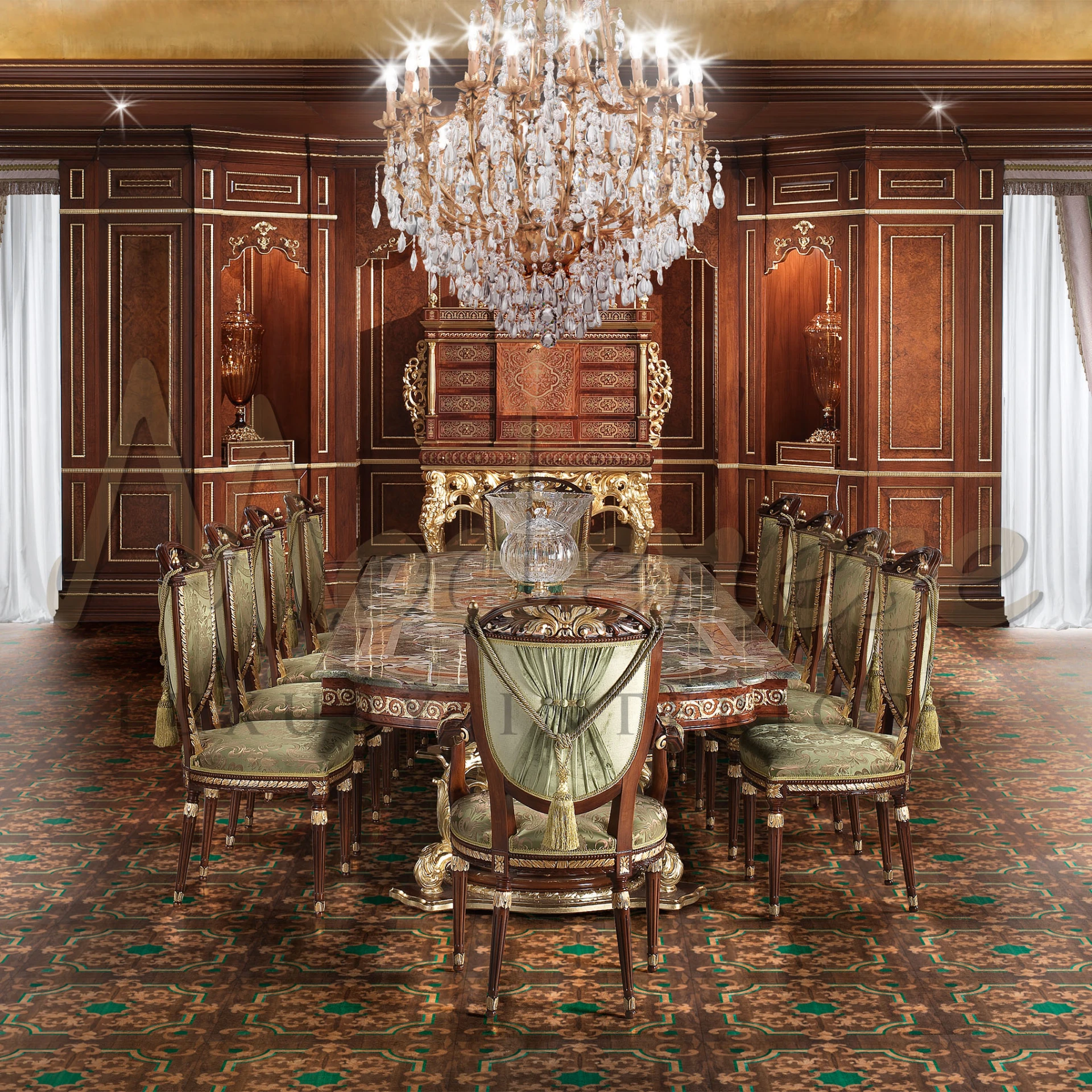 Experience luxury in Modenese Furniture's empire side dining table. Gold leaf details on a wooden frame, premium green floral upholstery, and elegant fabric decoration on the backrest.