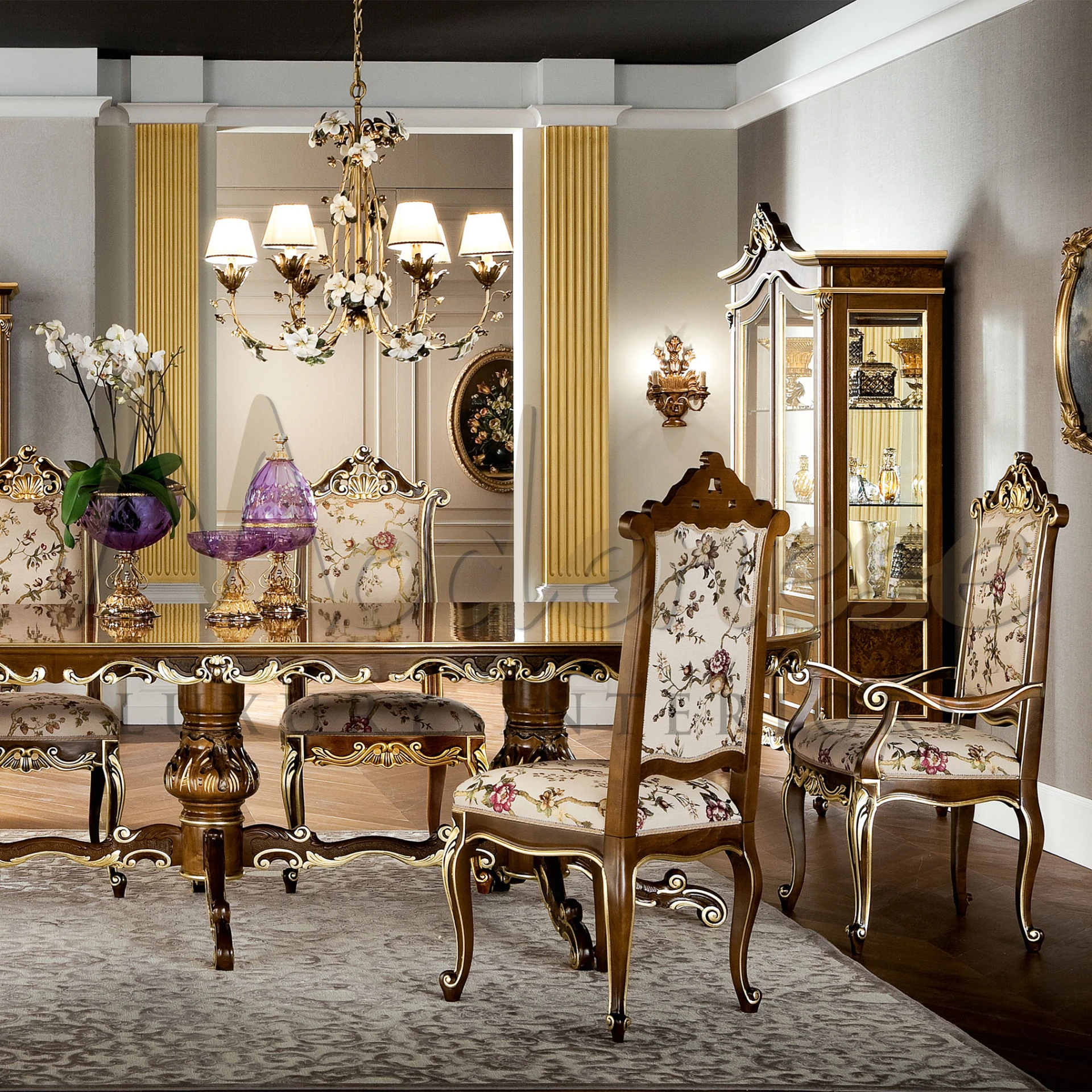 Modenese Furniture's mission for high-end palaces unfolds in this majestic dining chair, featuring walnut, gold leaf, and elegant floral upholstery.