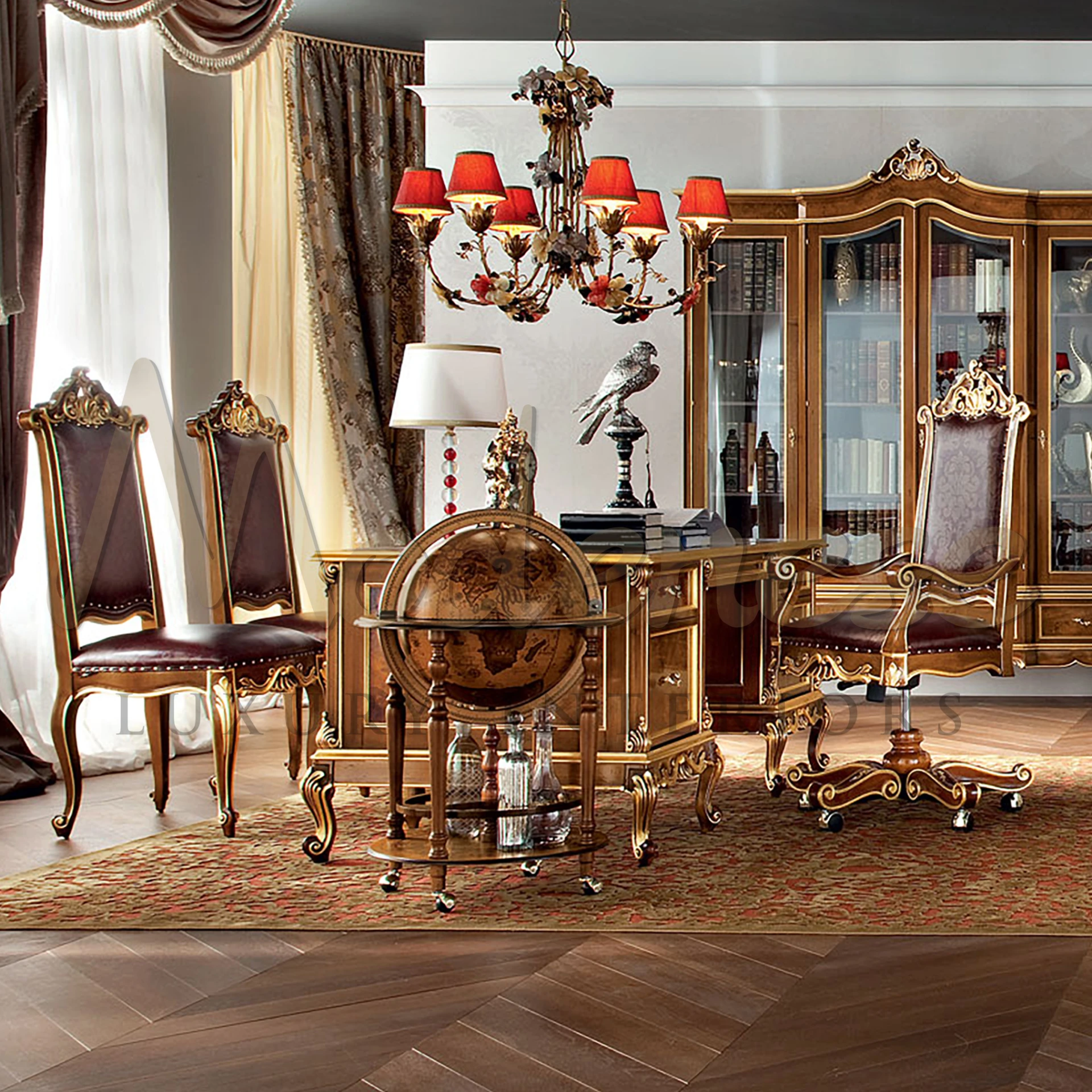 Step into luxury with Modenese Furniture's magnificent room. Featuring a walnut frame, gold leaf accents, and floral-patterned upholstery for regal dining experiences.