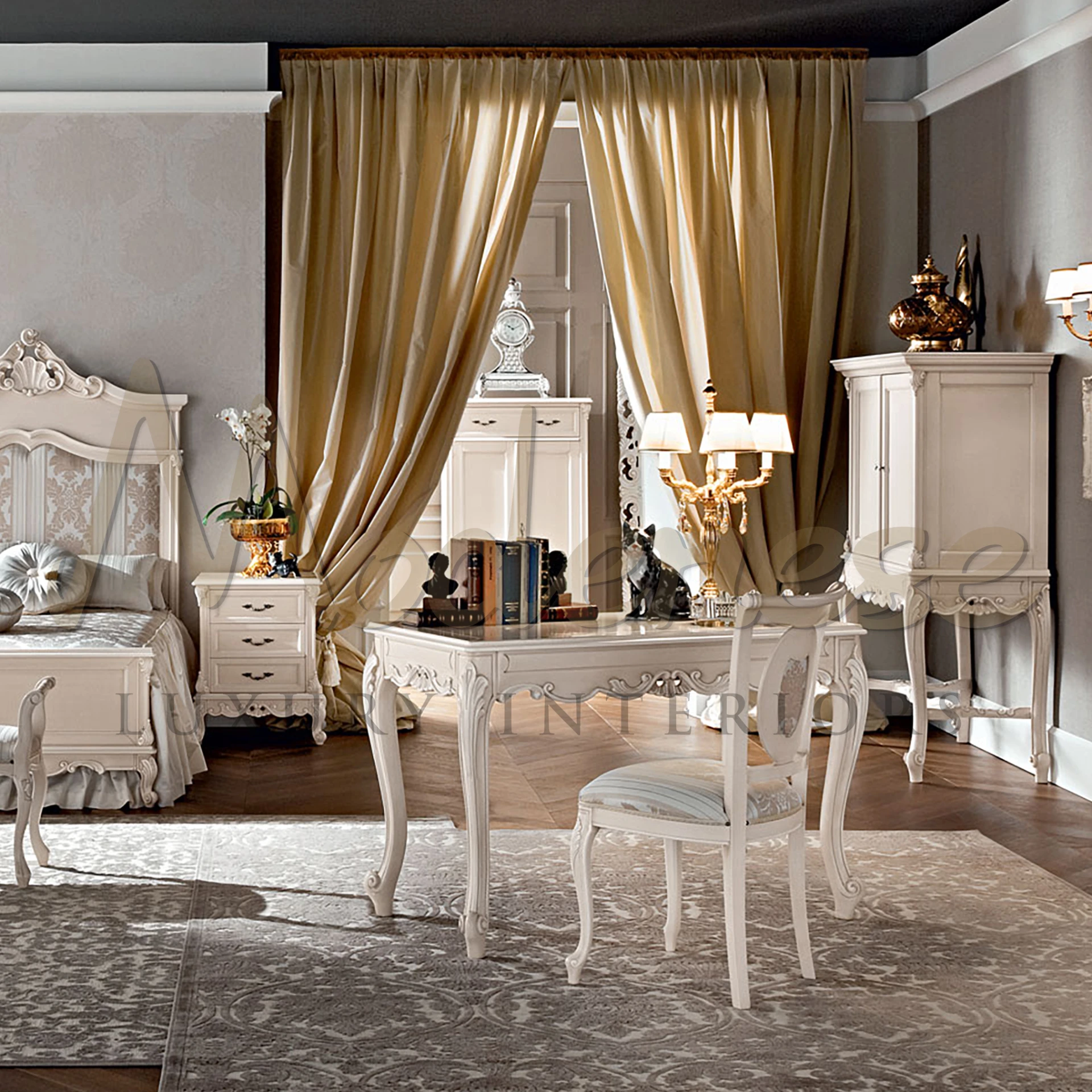 Luxurious upholstery on a black lacquered wooden frame adorned with golden accents. Customize fabric and frame colors for your perfect decor.