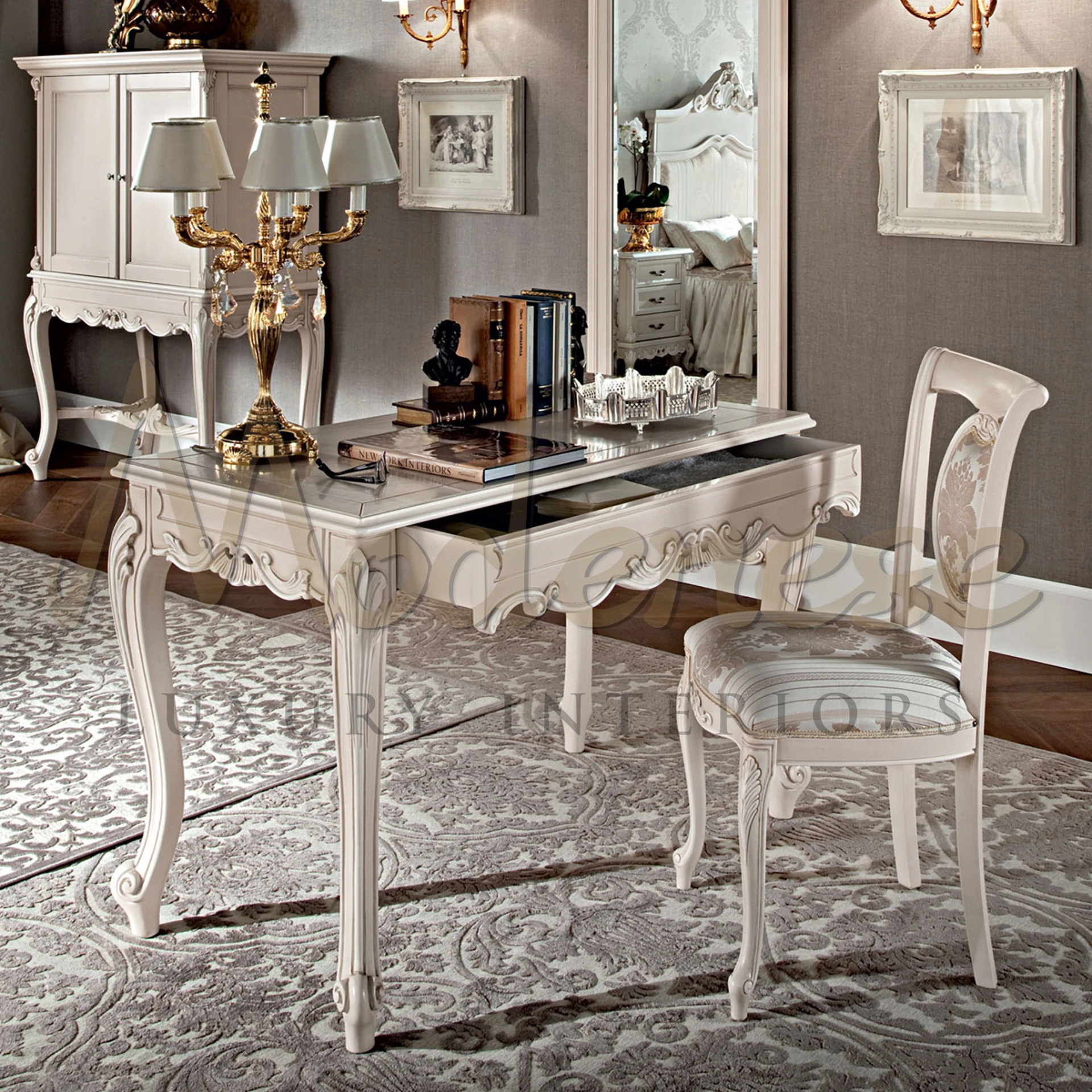 Elegance meets craftsmanship with this upholstered black lacquered wooden frame embellished with golden details. Customizable to suit your decor.