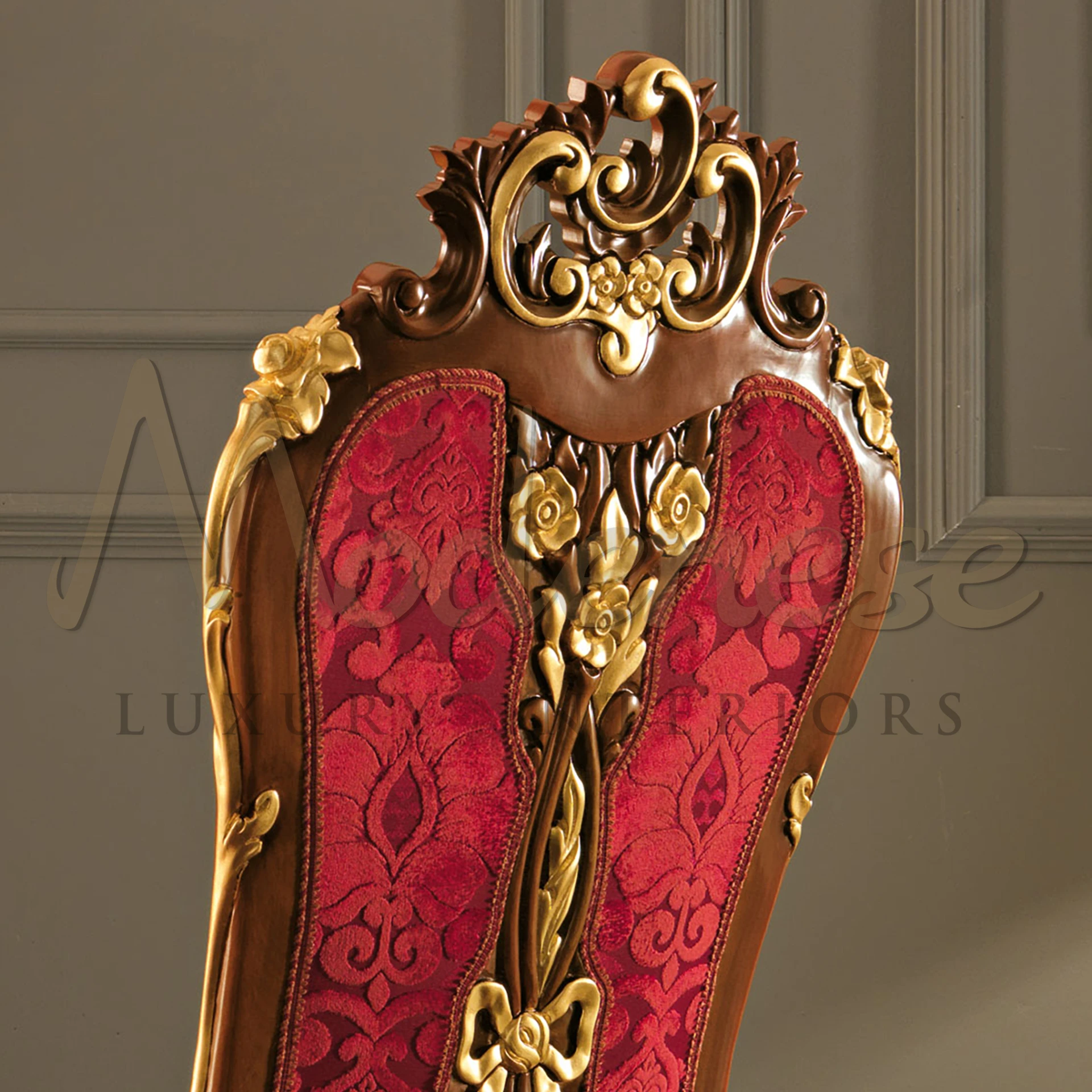 Modenese Furniture's dining chair boasts flamboyant upholstery and gold leaf carvings, a standout piece for any living space.