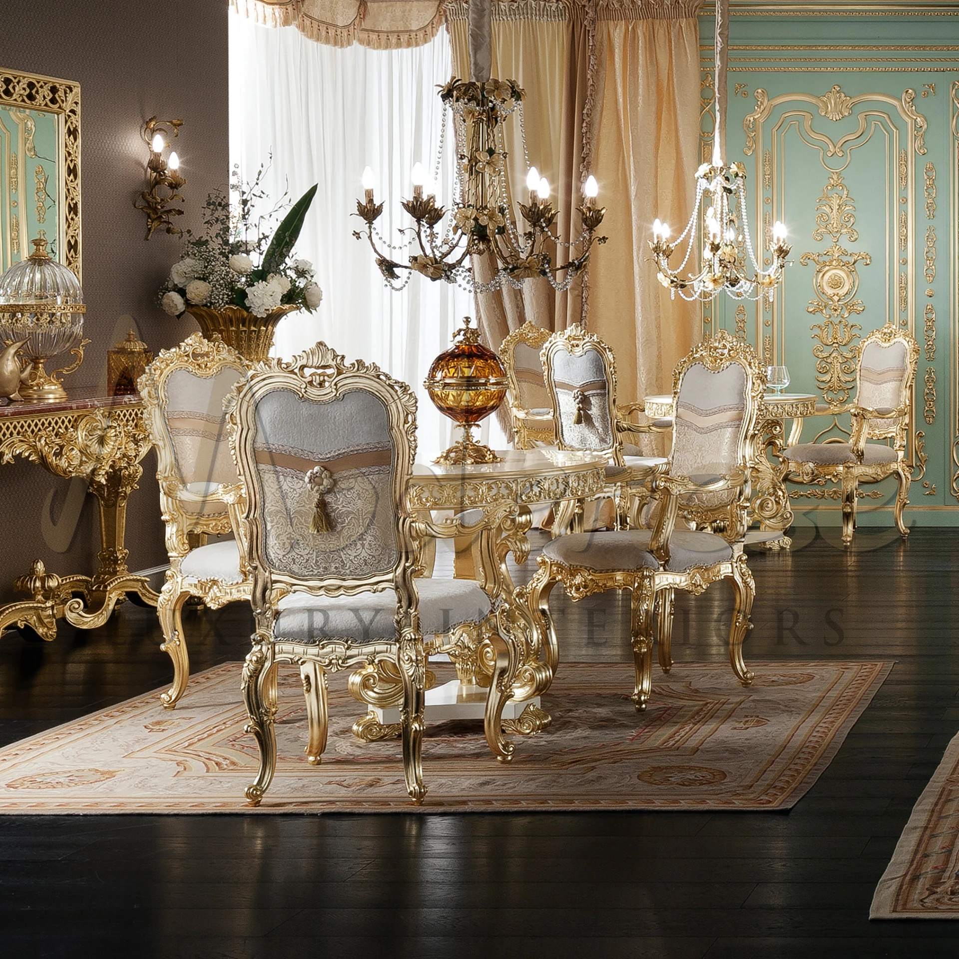Experience royalty seated in this upholstered chair by Modenese Furniture, featuring a gold leaf finish and intricate baroque carvings.