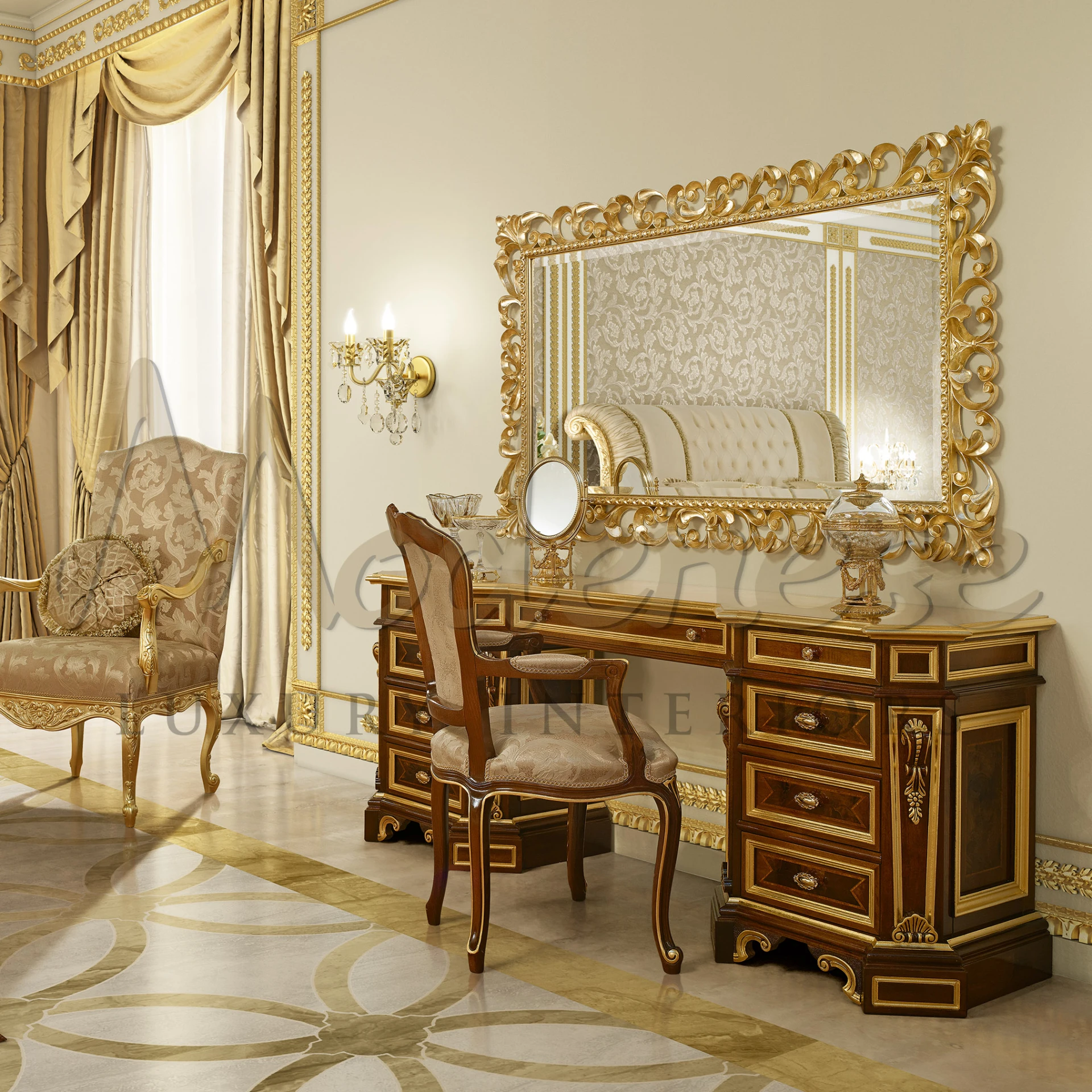 Luxurious armchair featuring hand-carved details, premium fabric, and exquisite gold leaf embellishments, crafted with meticulous Italian artistry.