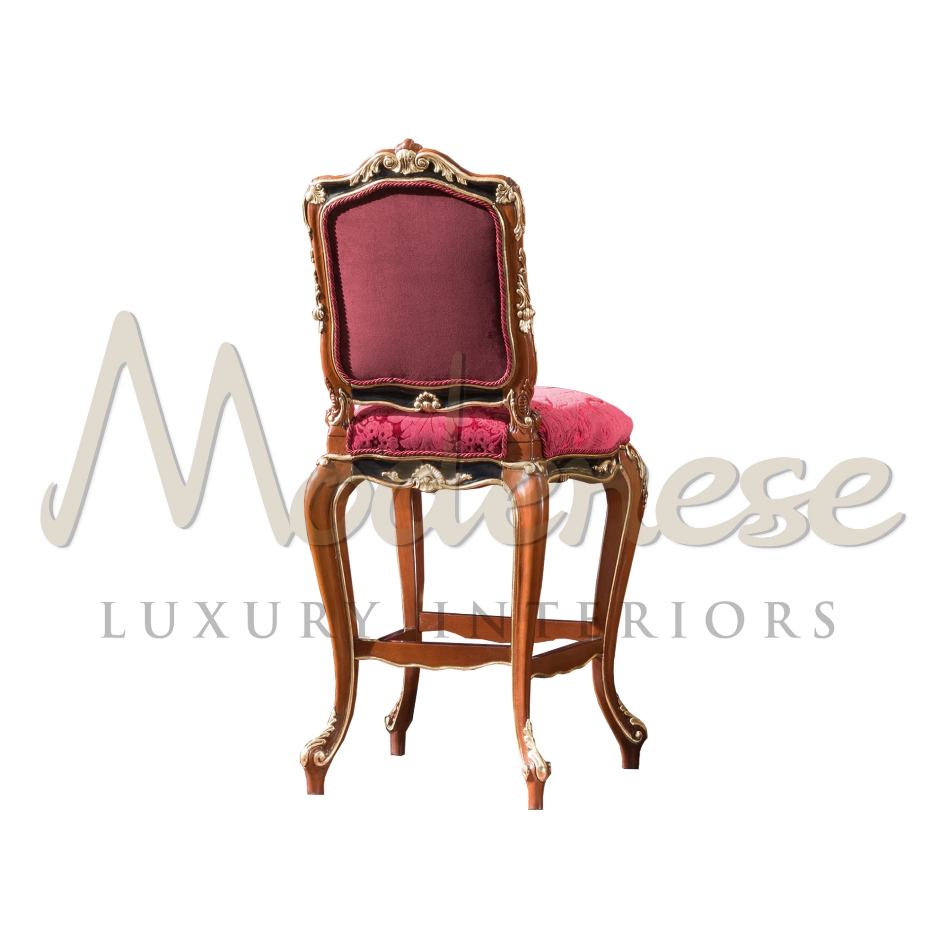 Classic bright walnut with gold leaf accents. Complete Modenese Home Bar set. Hand-carved luxury for upscale lounges and residences.