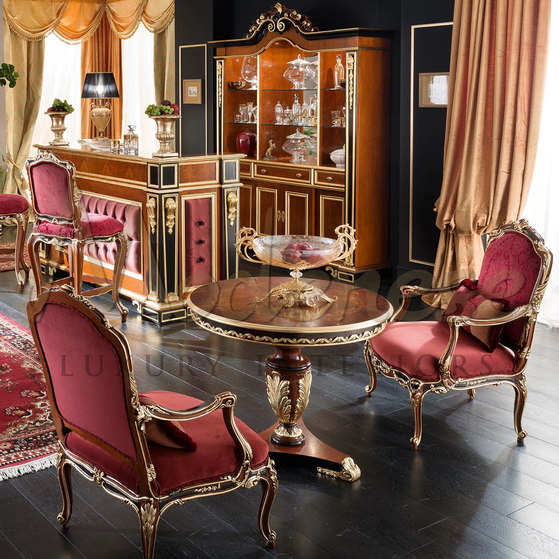Classic bright walnut with gold leaf accents. Red fabric, classic patterns. Hand-carved luxury, ideal for upscale lounges.