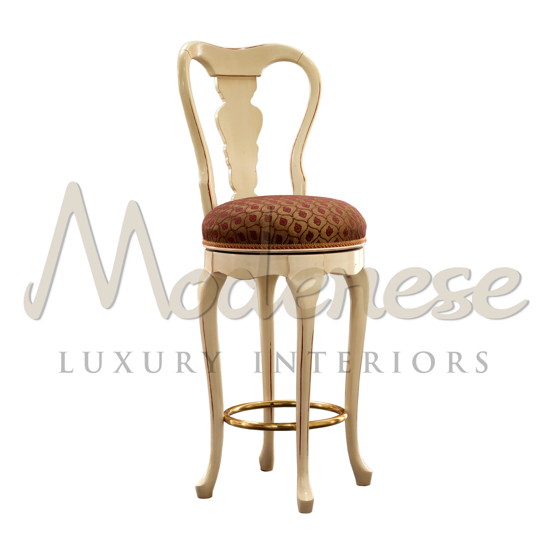 Hand-carved with red upholstery and golden footrest. Perfect for upscale lounges and residences. Contact Modenese Interiors for design consultation.