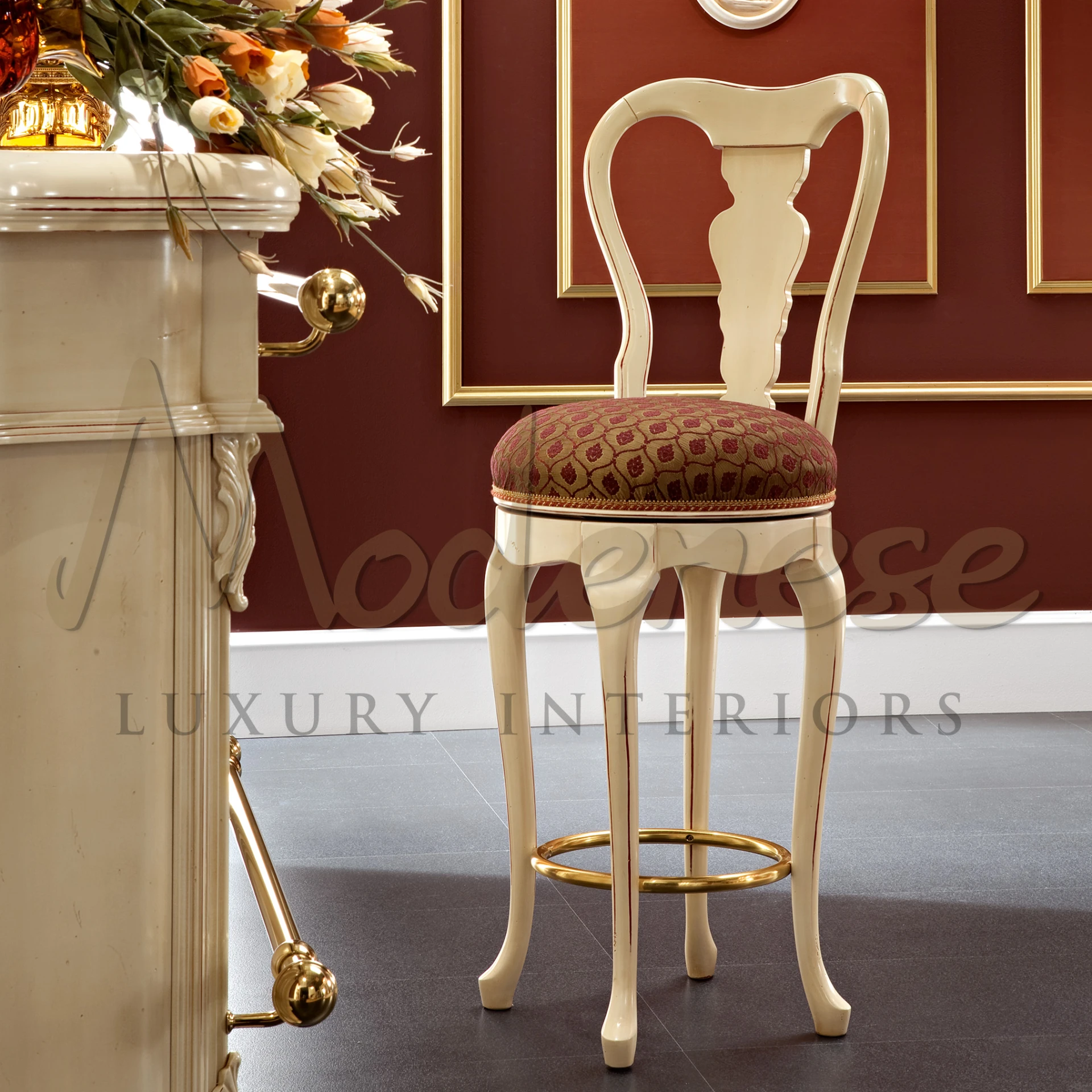 Bright ivory finish, red upholstery, and golden footrest. Ideal for penthouse lounges. Contact Modenese Interiors for personalized design advice.