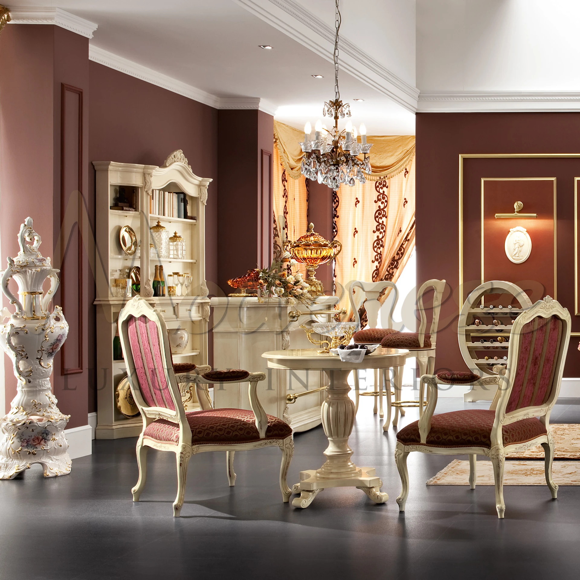 Ivory finish, red upholstery, golden footrest. Ideal for penthouse lounges. Consult Modenese Interiors for personalized design solutions.