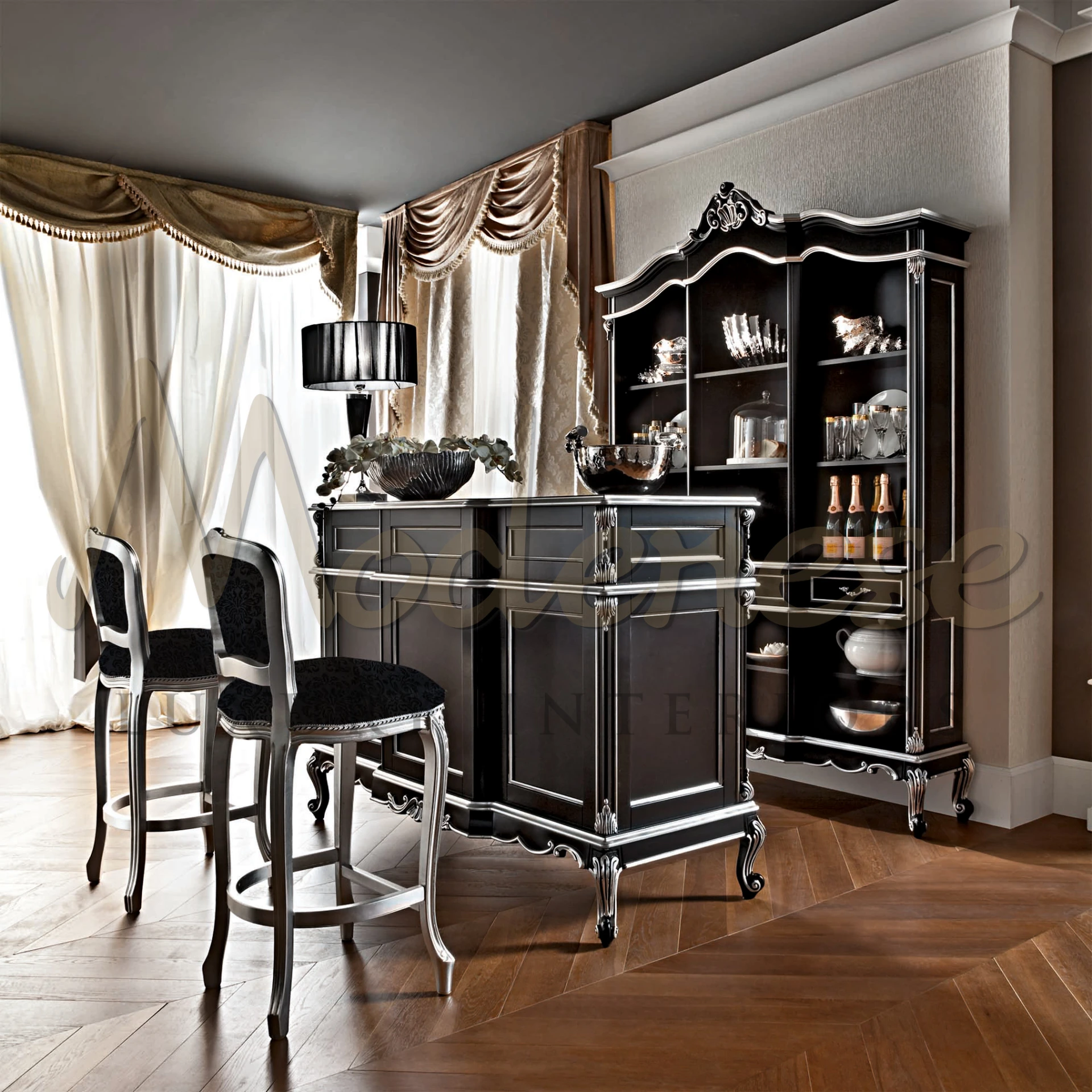 Solid wood frame, black fabric seats, and silver leaf finish footrest. Versatile for classic homes or casual bars.
