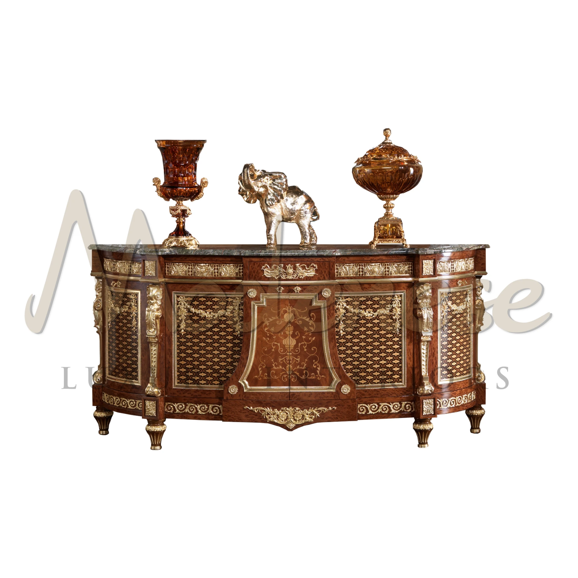 Exquisite craftsmanship defines this Italian luxury credenza, featuring solid wood, Picasso Green marble, briar panel, and golden motifs.