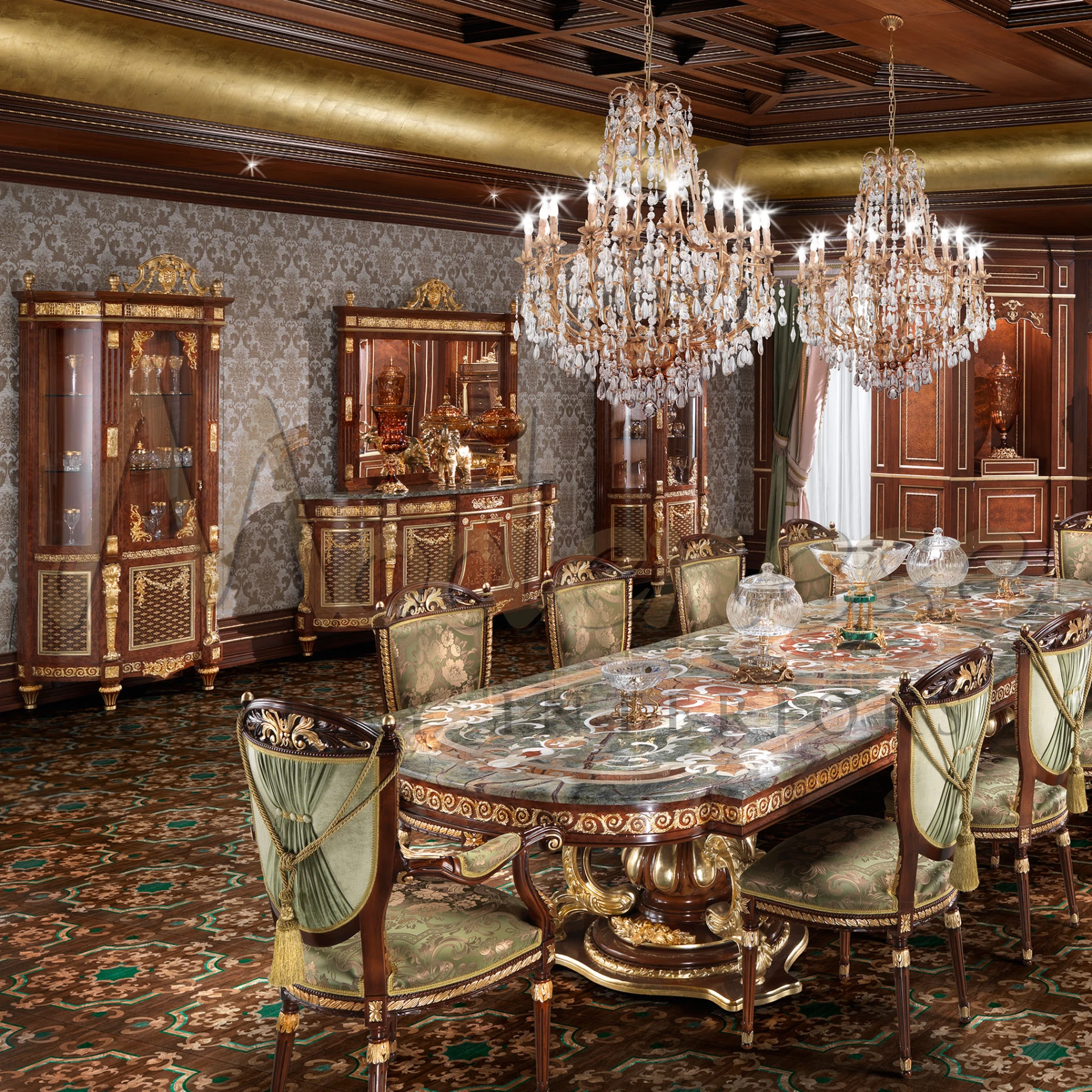 Experience the pinnacle of luxury with our luxurious Italian credenza, featuring solid wood, Picasso Green marble, and exquisite golden ornamentation.