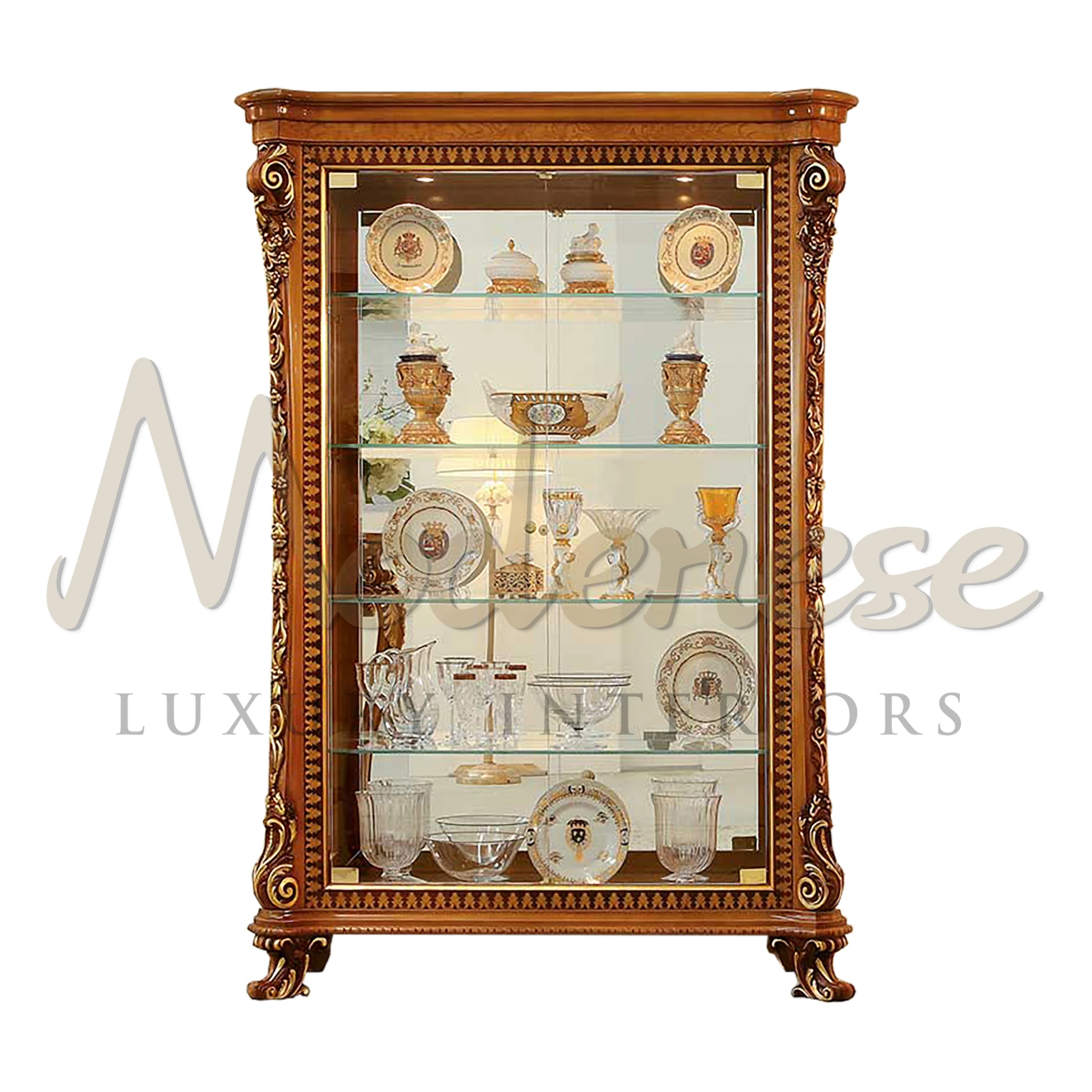Discover elegance with Modenese Furniture's stunning vitrine. Ideal for large dining spaces, it beautifully showcases crystalware under shimmering chandelier light.
