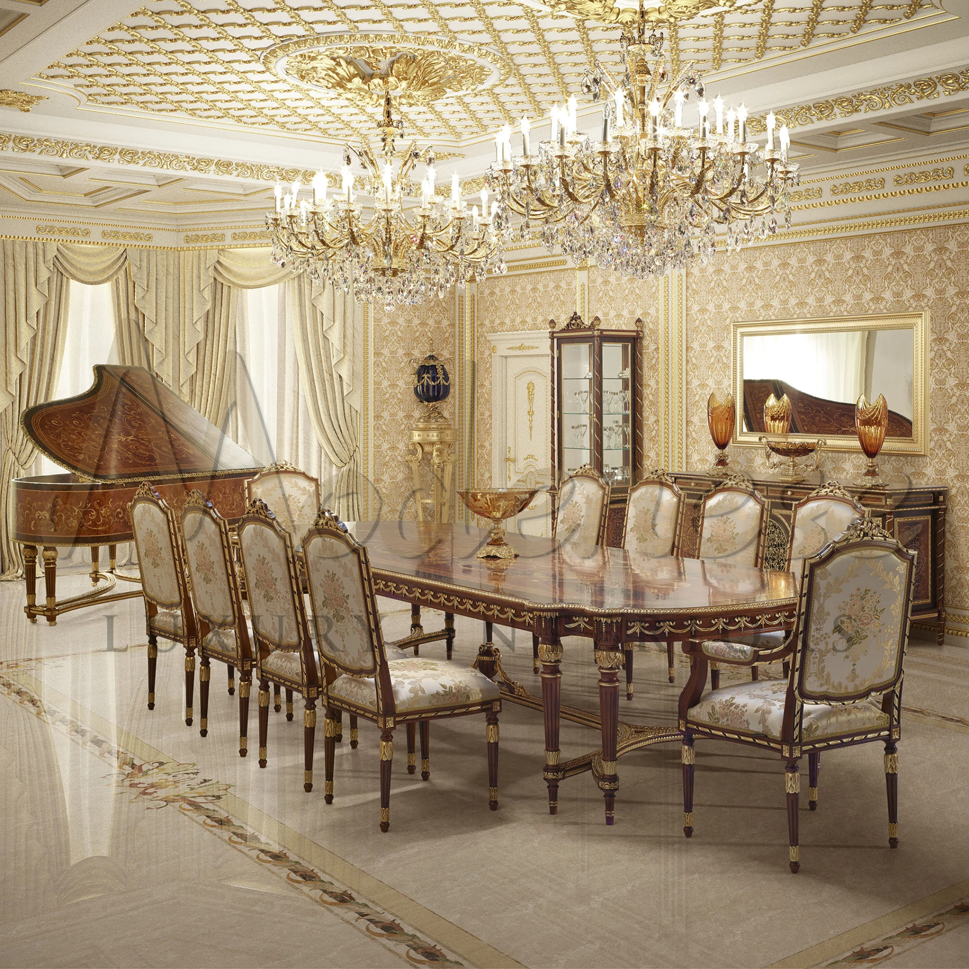 Create a lavish sanctuary with Modenese Luxury Interior. This vitrine features empire-style revival, intricate inlays, gold leaf decorations, and exquisite hand-made details.