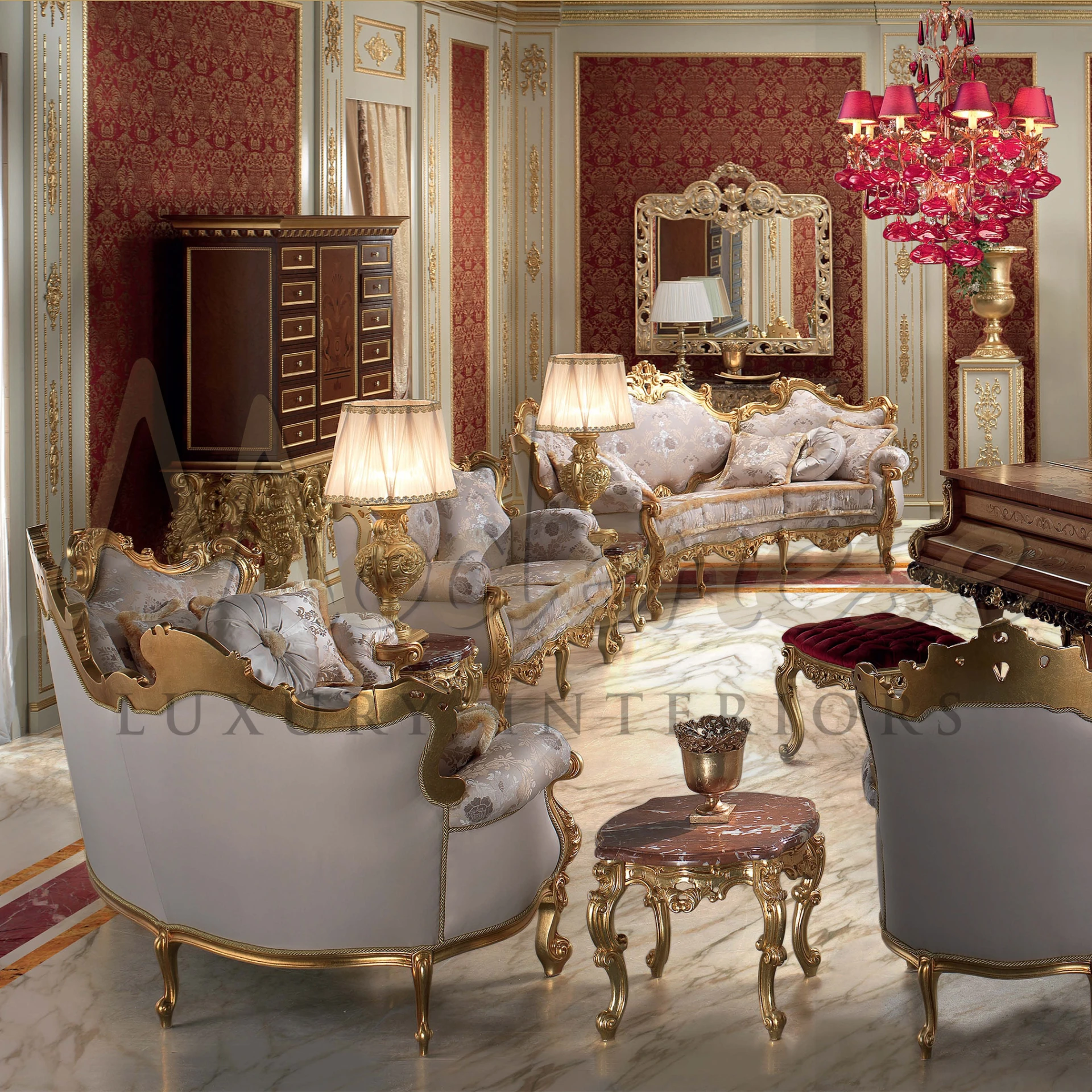 Discover unparalleled luxury with our interior, featuring gold leaf decorations on a high-end solid wood structure, complete with classic walnut finishing.