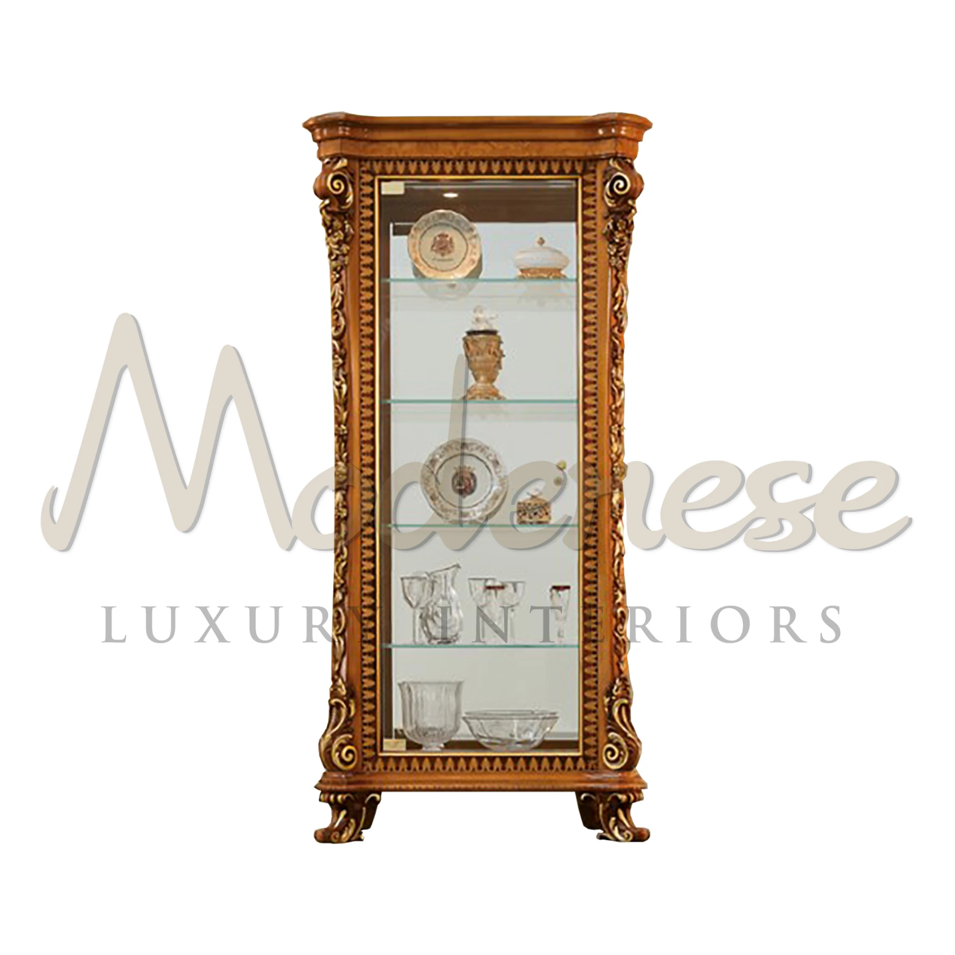 Explore Modenese Furniture's exquisite vitrine, perfect for dining rooms. Its spacious glass surfaces enhance large areas, reflecting chandelier and lamp light.