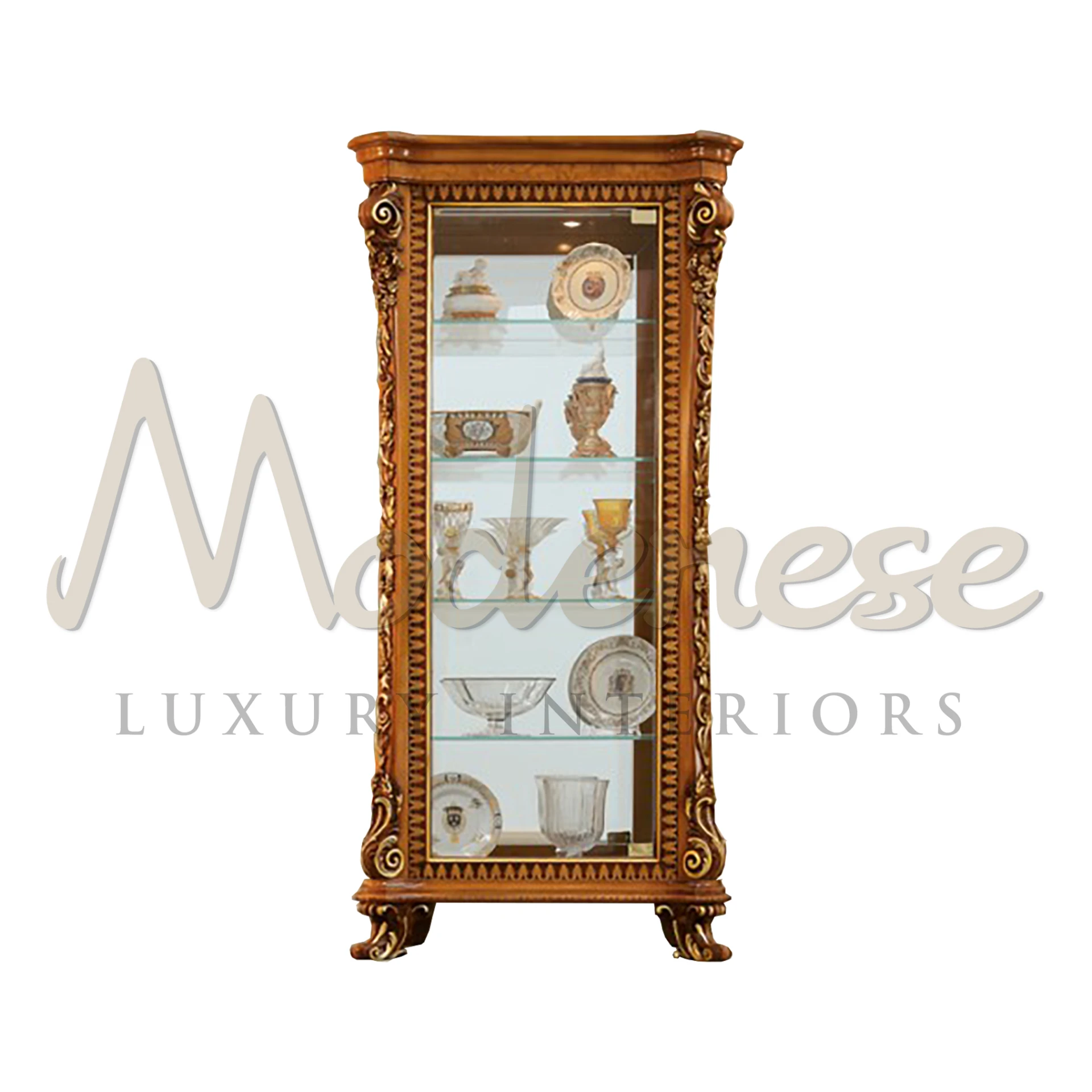 Experience luxury with Modenese Furniture's captivating vitrine. Designed for dining rooms, its generous glass displays amplify the elegance of crystalware under sparkling chandeliers.