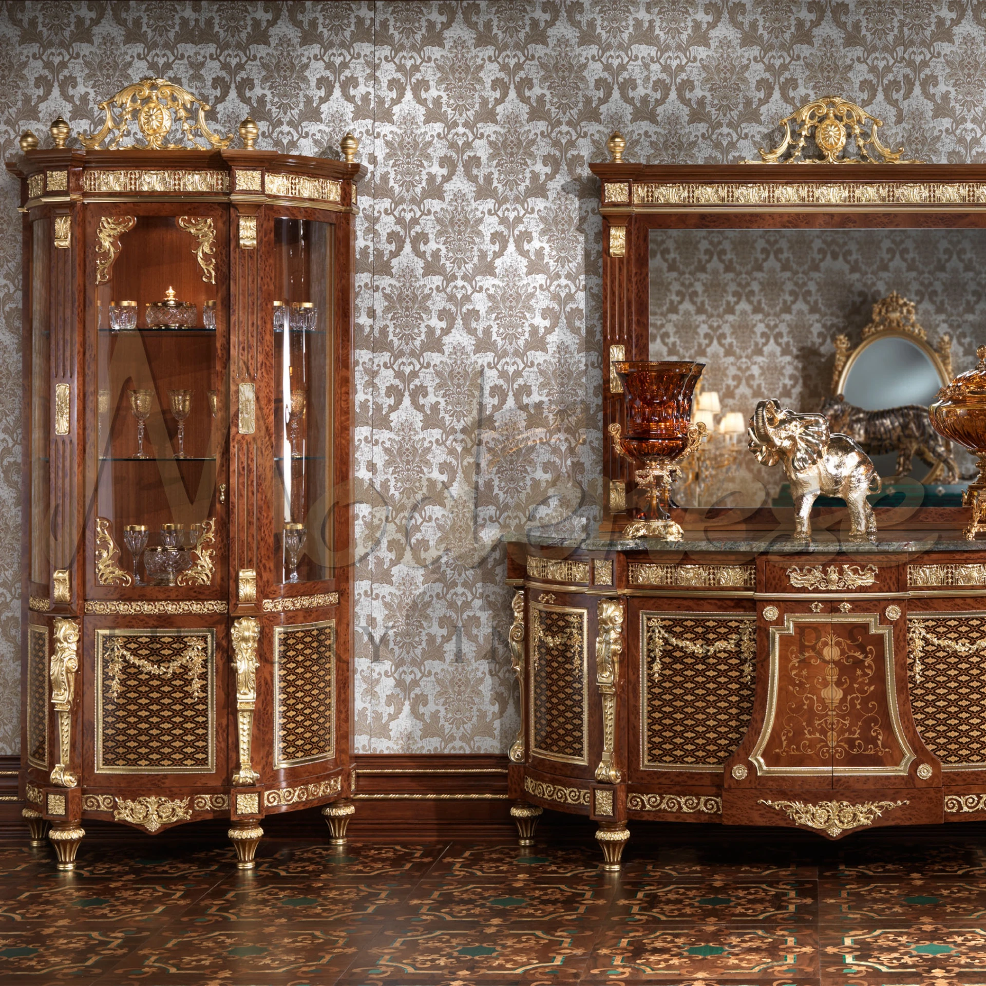 Indulge in luxury with Modenese Furniture's exclusive vitrine—crafted from solid wood, adorned with marqueteries, and golden carvings.