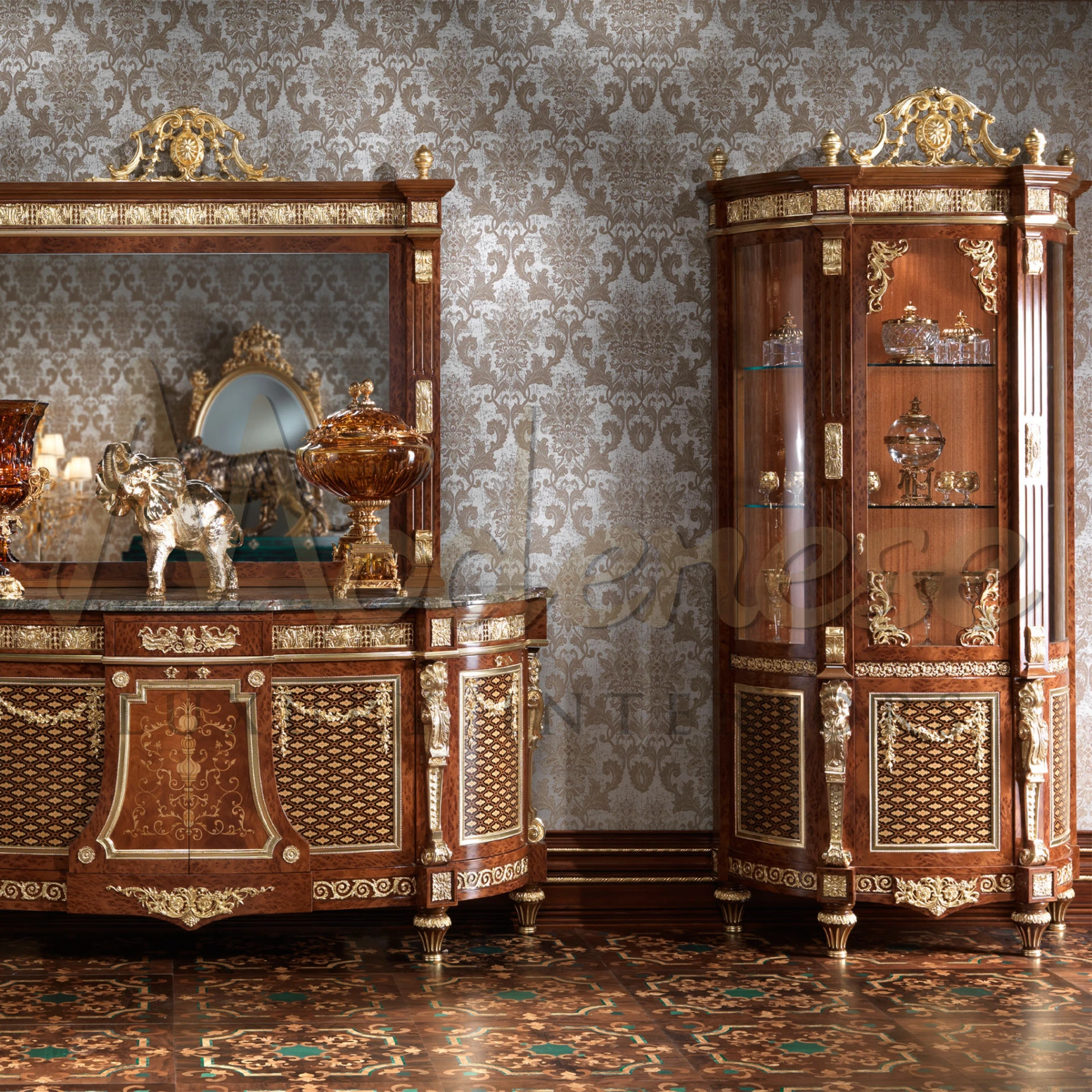 Experience your décor with this unique vitrine from Modenese Furniture. Made with solid wood, marquetry, and adorned with golden carvings.